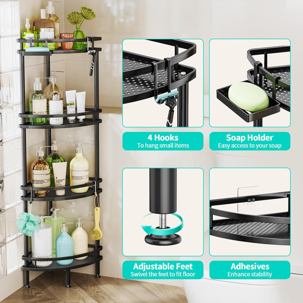 HapiRm Freestanding Shower Caddy Corner- 4-Tier Rustproof Shower Corner Shelves with Soap Tray and 4 Hooks, Space-Saving Bathroom Caddy for Bathroom Organiser with 4 Adjustable Feet and Hook