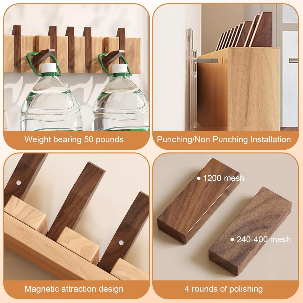 Coat Hooks Wall Mounted, 8-Hook Wooden Coat Hanger Storage Rack with Piano Key Flip Down Design for Robes Towels Hats Jacket Clothes Bags, 56 * 3.5 * 12cm