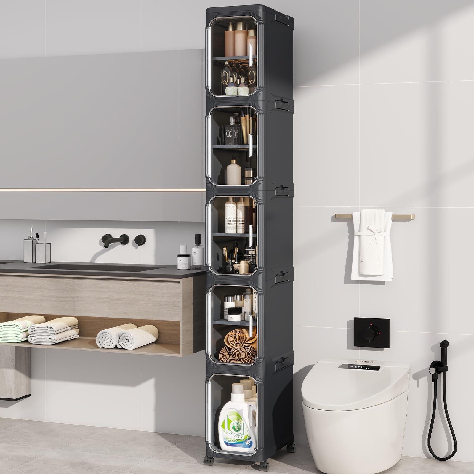 4-Tiers Slim Bathroom Storage Cabinet, Foldable Storage Cabinets,Narrow Bathroom Storage,Movable Bathroom Storage Organizer for Small Spaces,Bathroom,Kitchen,Laundry,White
