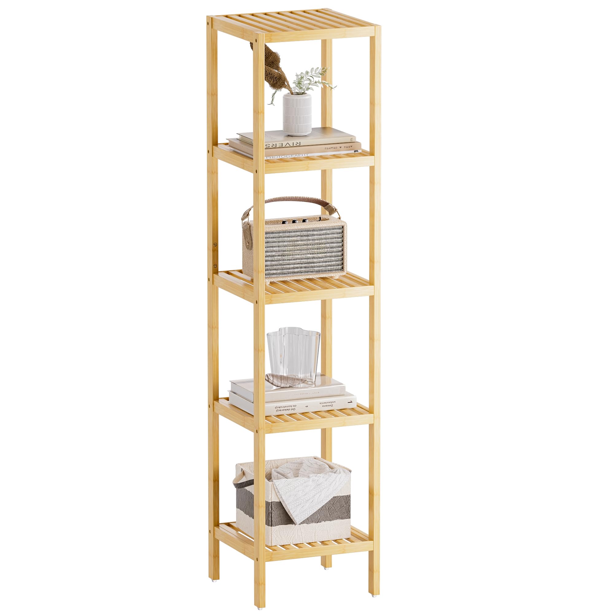 SMIBUY Bathroom Storage Shelf, 5-Tier Bamboo Rack Organizer, Multifunctional Shelving Unit for Living Room Bedroom Kitchen (White)