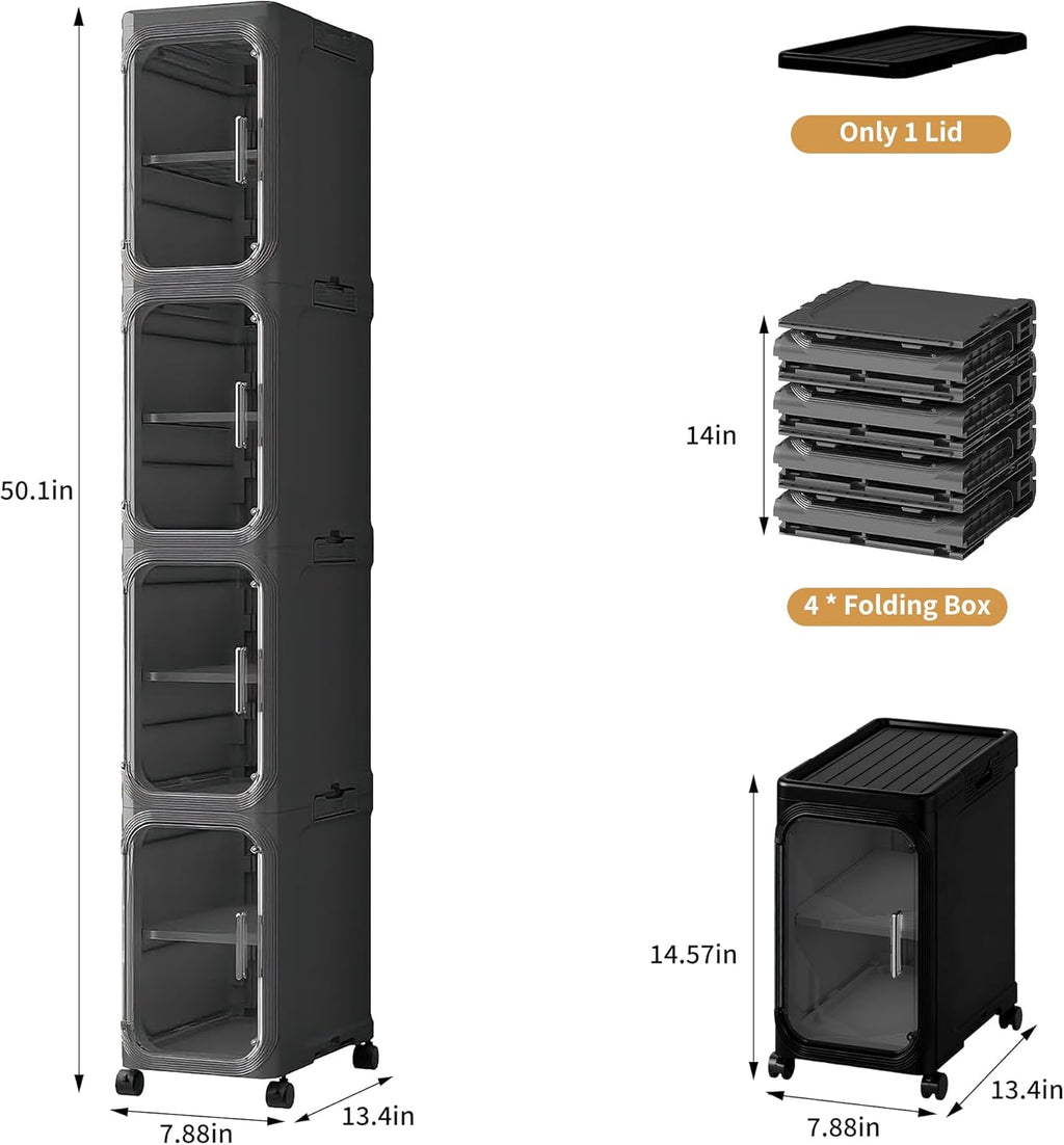 4-Tier Slim Rolling Storage Cabinet, Black Tall Narrow Organizer with Adjustable Shelves for Bathroom Kitchen Laundry