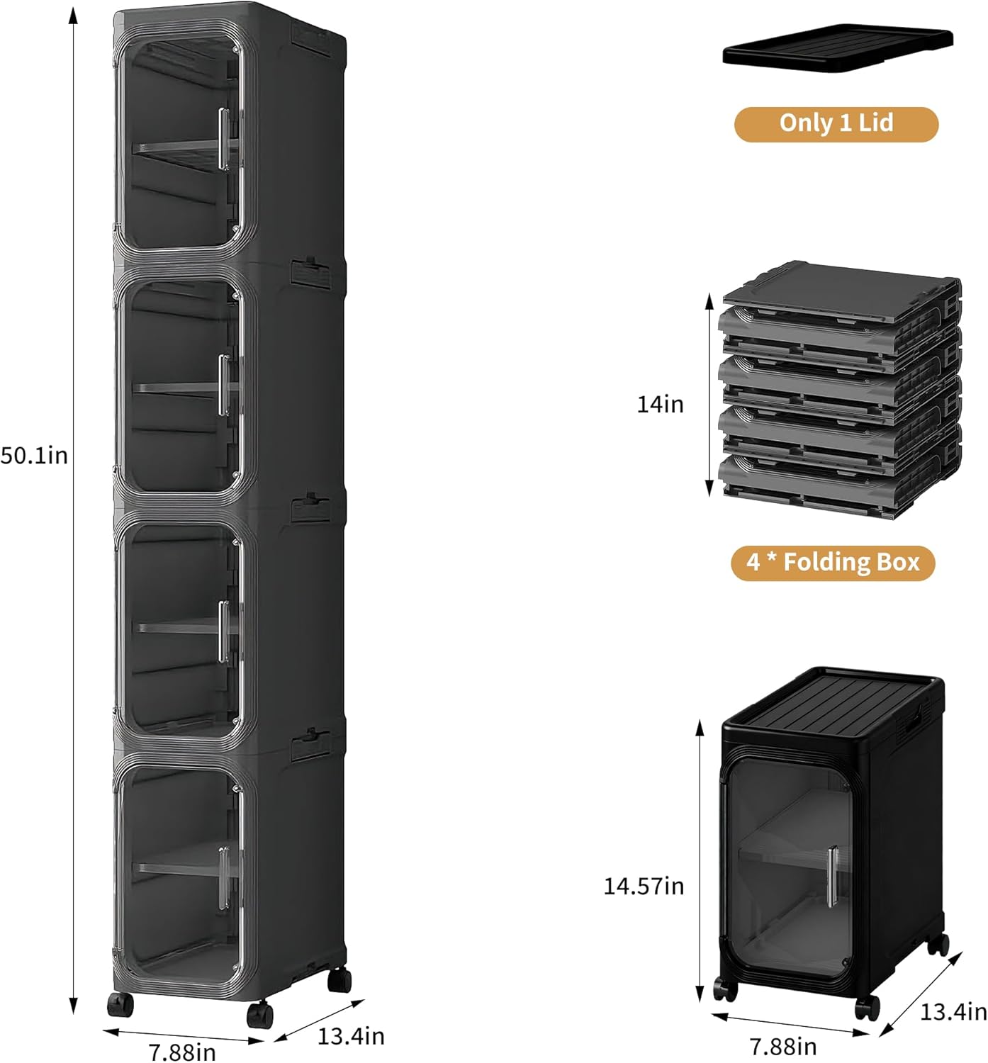 4-Tier Slim Rolling Storage Cabinet, Black Tall Narrow Organizer with Adjustable Shelves for Bathroom Kitchen Laundry
