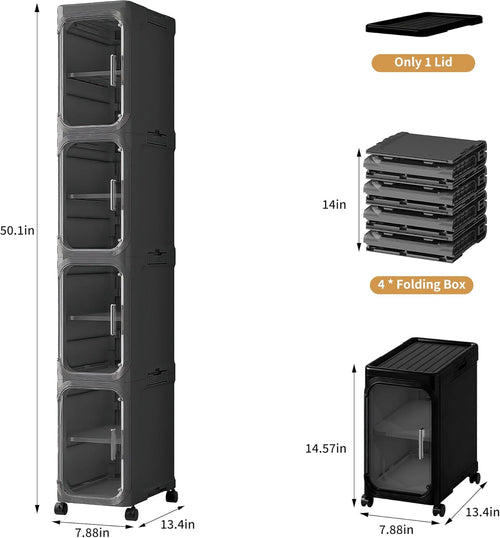 4-Tier Slim Rolling Storage Cabinet, Black Tall Narrow Organizer with Adjustable Shelves for Bathroom Kitchen Laundry
