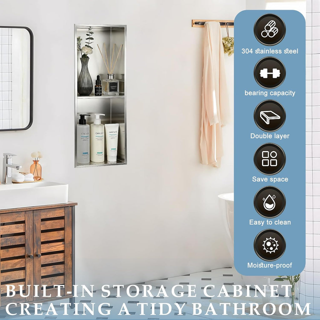 Stainless Steel Shower Niche, 70x26x10cm Recessed Wall Niche No Tile Needed Double Layer Wall Storage Shelf Organizer for Bathroom Kitchen Living Room