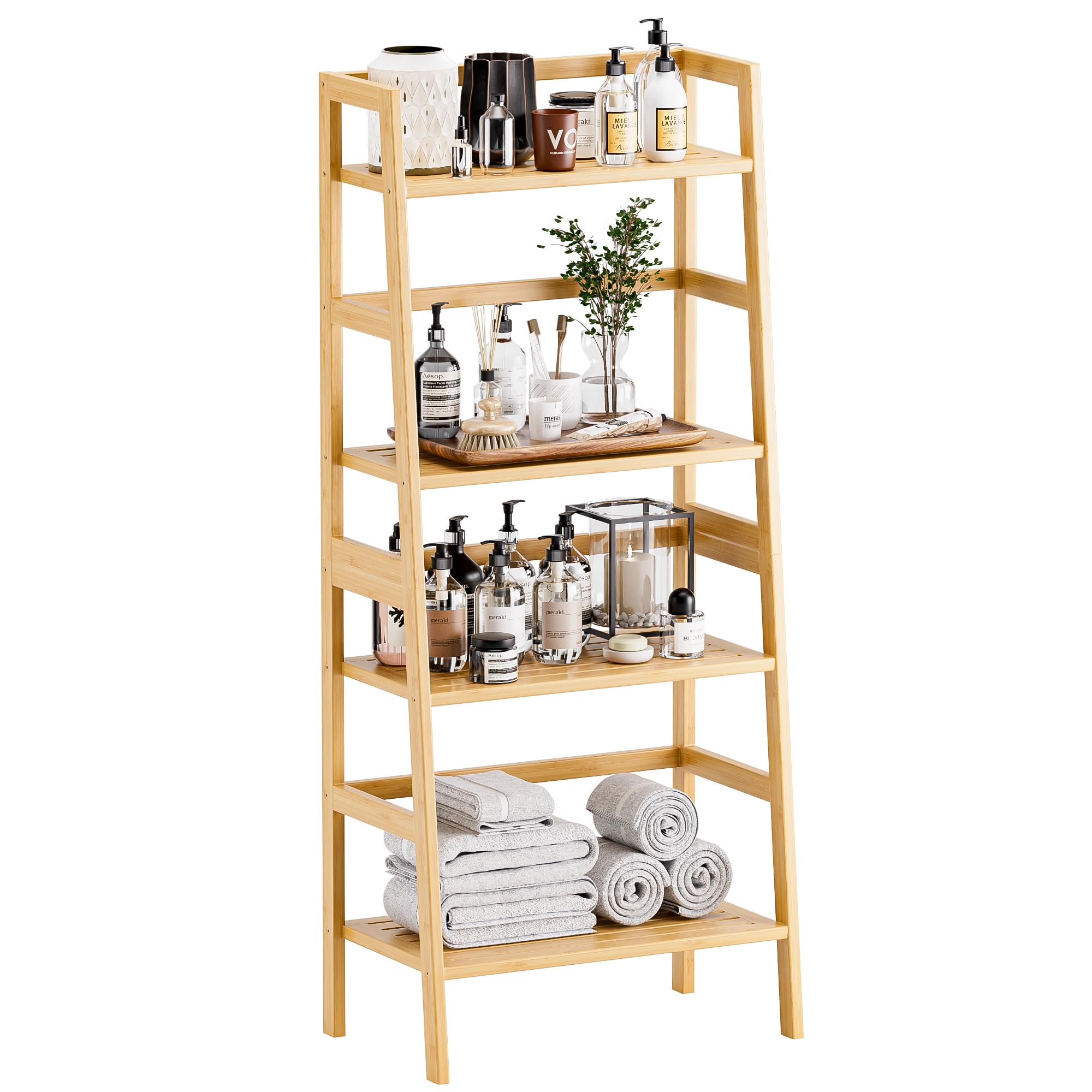 HITNET Ladder Shelf Walnut, Bamboo Bookshelf, 4 Tier Open Dipslay Bookcase Freestanding Storage Rack for Home Office, Small Balcony Flower Plant Stand