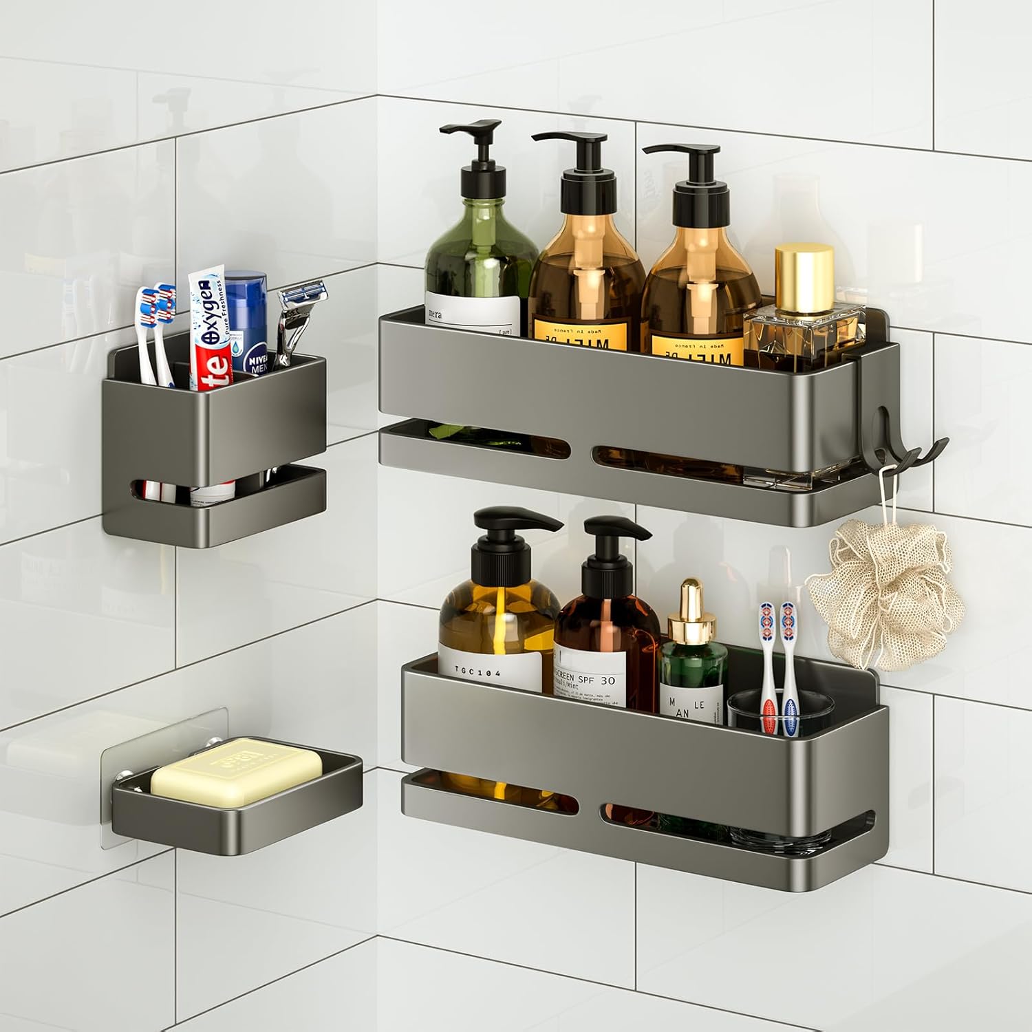 5-Piece Grey No-Drill Wall Mount Bathroom Storage Rack with Soap Dish & Toothbrush Holder, Multi-use for Kitchen