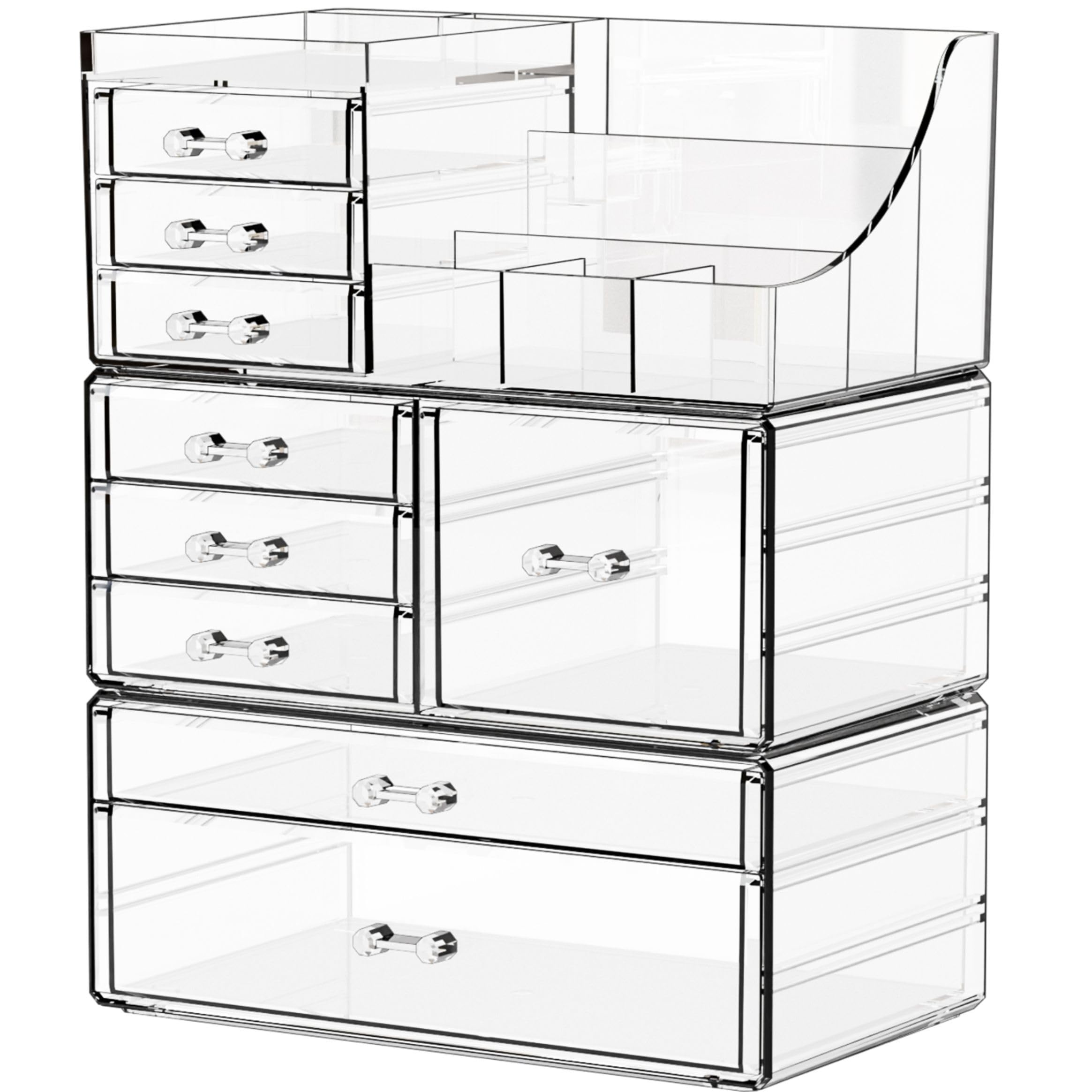 Yieach 3 Pack Clear Makeup Organizer Countertop for Dresser,Vanity and Bathroom Counter Organizer,Tiered Stackable Makeup Acrylic Organizers with 9 Drawer for Skincare,Brush and Make up Holders