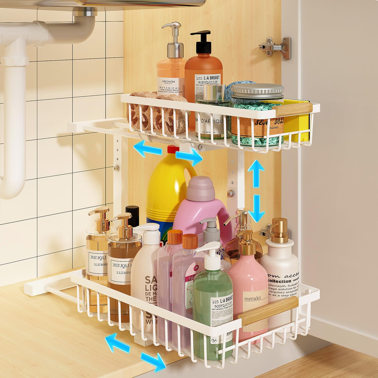 REALINN Under Sink Organizer, 2 Pack Height Adjustable Under Sink Organizers and Storage, 2 Tier Pull Out Drawer Cabinet Storage for Kitchen Bathroom, White