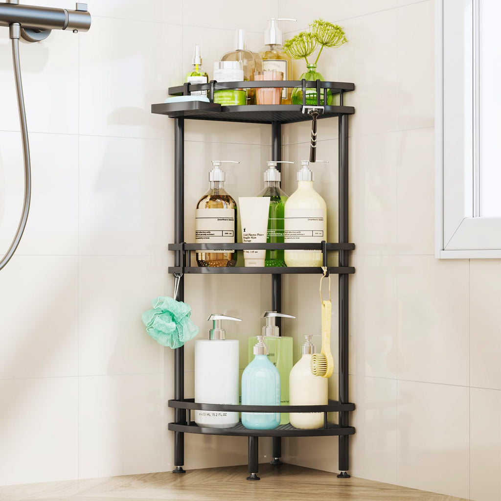 HapiRm Freestanding Shower Caddy Corner- 4-Tier Rustproof Shower Corner Shelves with Soap Tray and 4 Hooks, Space-Saving Bathroom Caddy for Bathroom Organiser with 4 Adjustable Feet and Hook