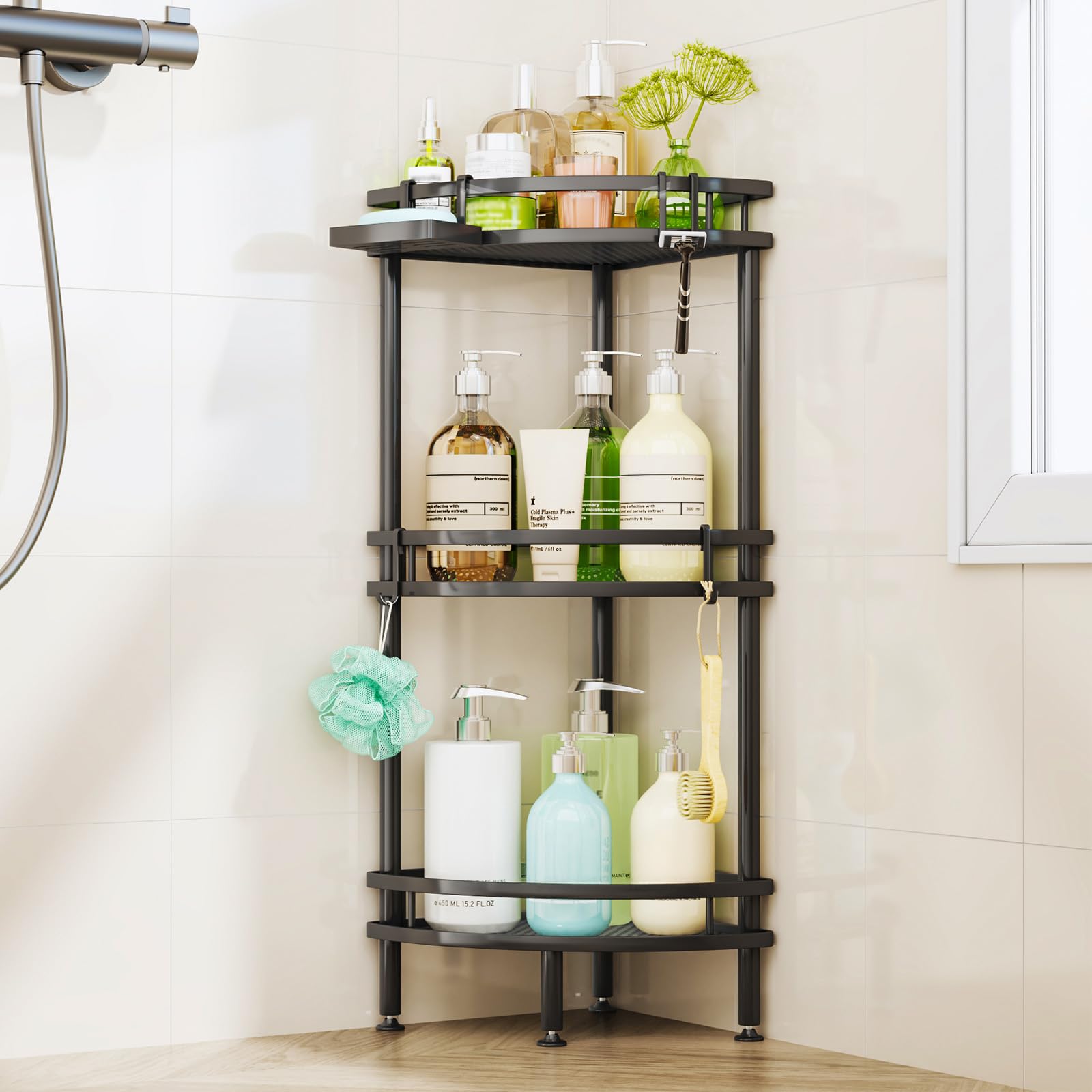 HapiRm Freestanding Shower Caddy Corner- 4-Tier Rustproof Shower Corner Shelves with Soap Tray and 4 Hooks, Space-Saving Bathroom Caddy for Bathroom Organiser with 4 Adjustable Feet and Hook