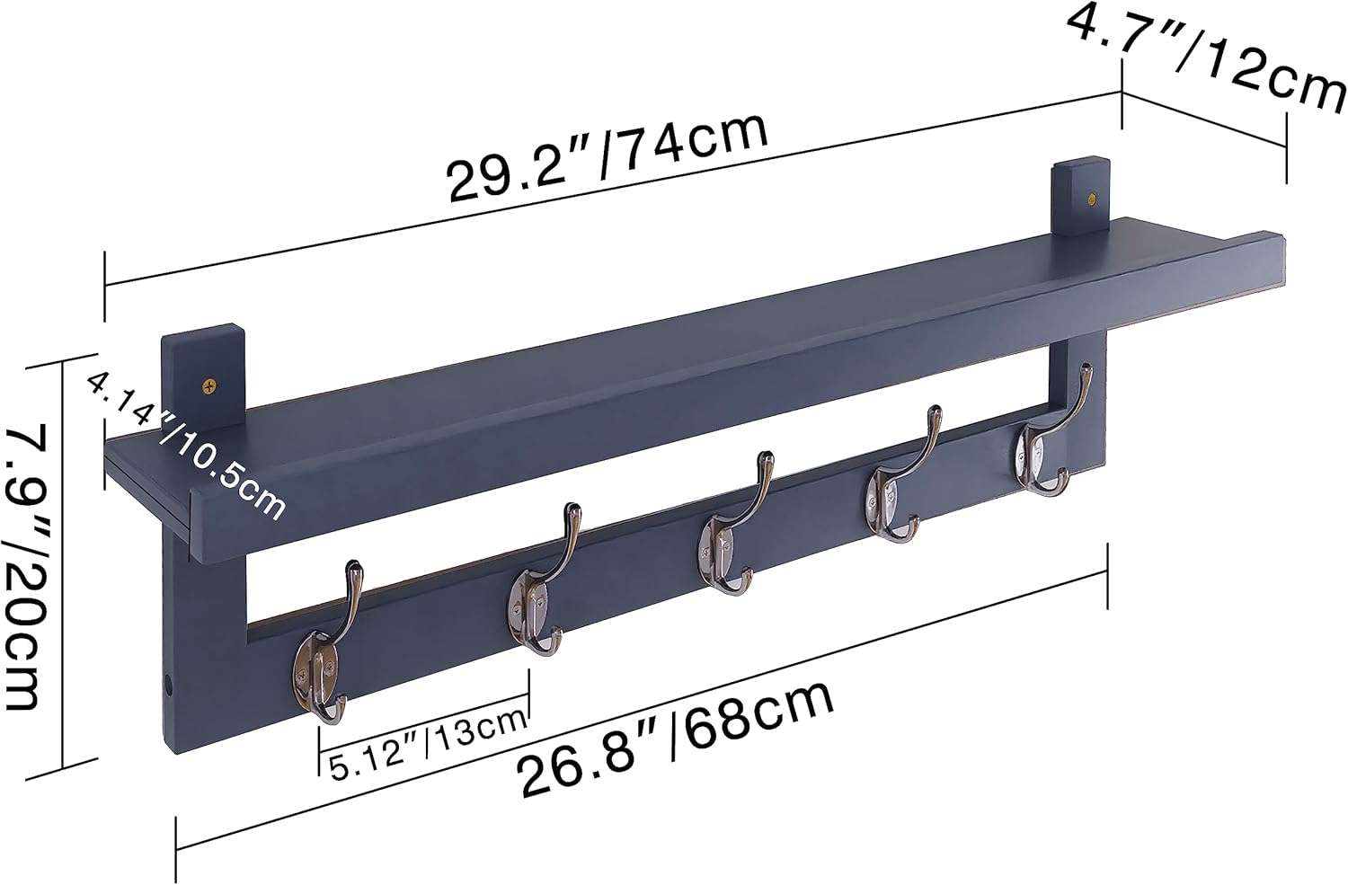 SMIBUY Coat Hooks with Shelf Wall-Mounted, 74 cm Entryway Coat Rack for Wall, Bamboo Hanging Shelf with 5 Double Metal Hooks for Bathroom, Bedroom, Kitchen, Living Room, Mudroom (Grey)