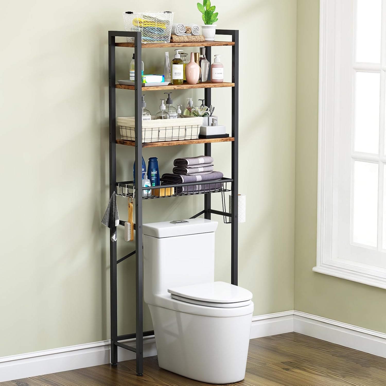 Vintage Brown 4-Tier Over Toilet Storage Rack with Adjustable Shelf & Basket