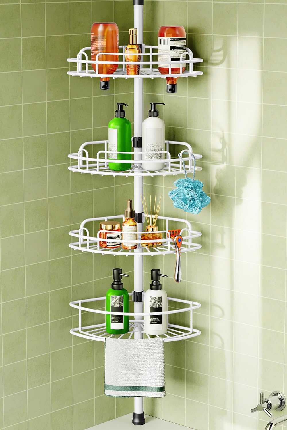 HAMITOR Telescopic Shower Caddy Corner Storage: No-Drill Stainless Steel Bathroom Shelves Organizer, 119-307 cm Large Capacity 4 Tier Adjustable Shelf Tension Pole for Home Renters Apartment - Black