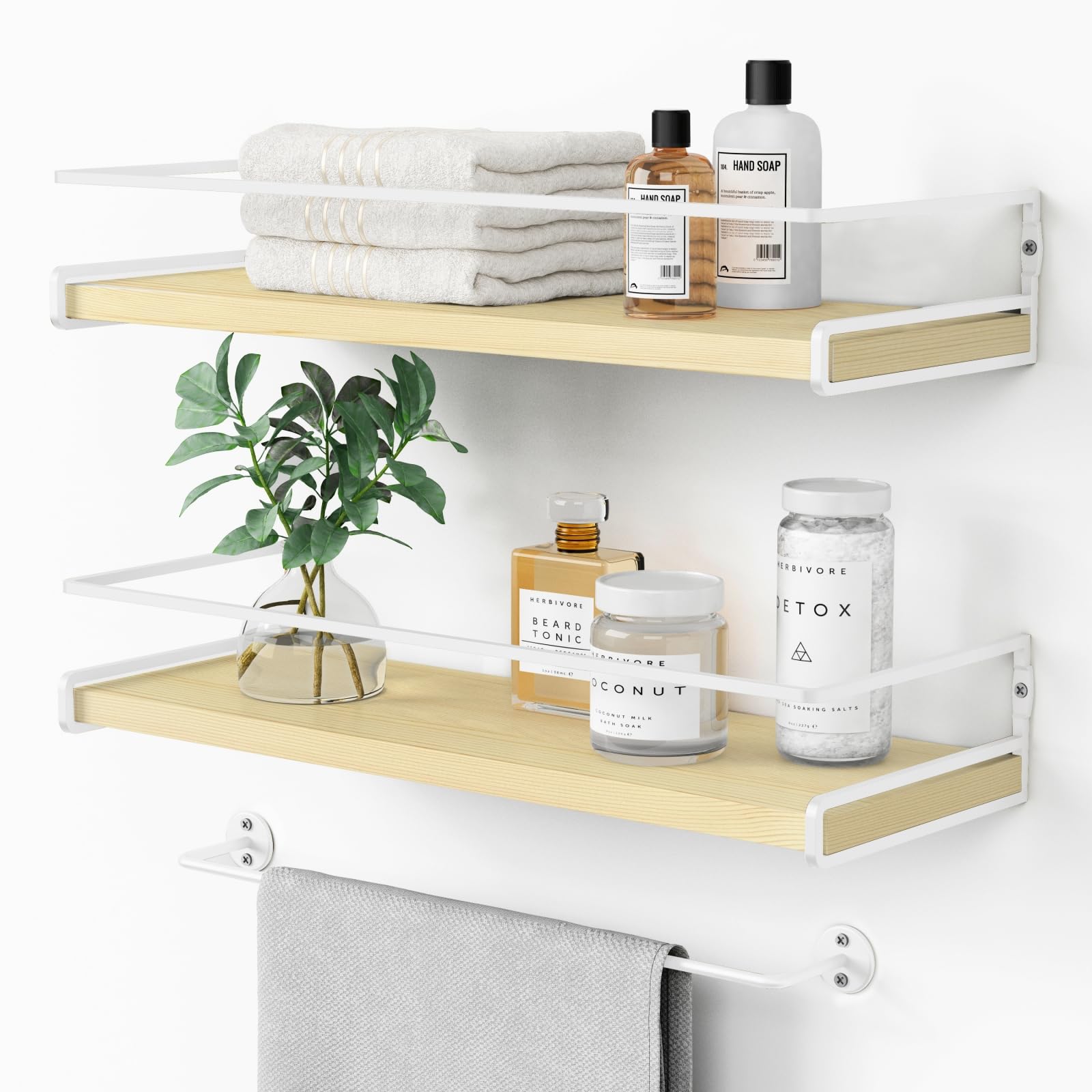 Forbena White Floating Shelves for Bathroom Organizer Over Toilet, Bathroom Shelves Wall Mounted with Towel Rack, Corner Wall Shelf for Bedroom Decor Kitchen Storage (White-Dark Grey, Set of 2)