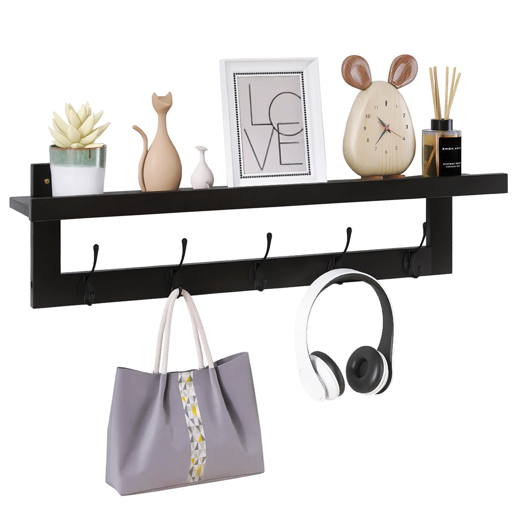 SMIBUY Coat Hooks with Shelf Wall-Mounted, 74 cm Entryway Coat Rack for Wall, Bamboo Hanging Shelf with 5 Double Metal Hooks for Bathroom, Bedroom, Kitchen, Living Room, Mudroom (Grey)