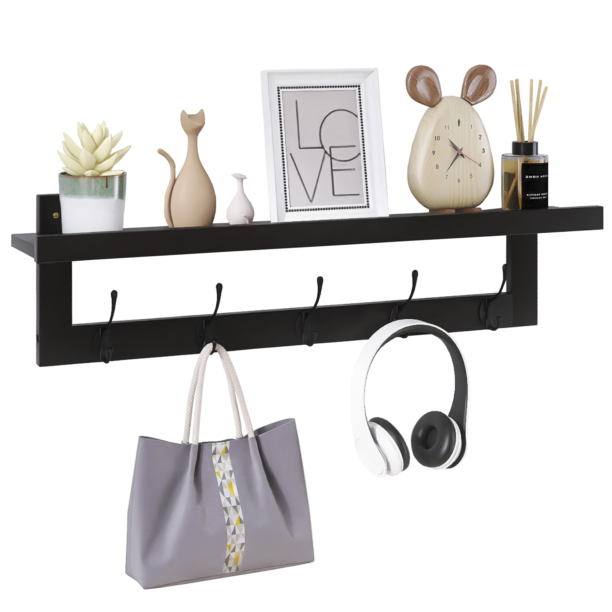 SMIBUY Coat Hooks with Shelf Wall-Mounted, 74 cm Entryway Coat Rack for Wall, Bamboo Hanging Shelf with 5 Double Metal Hooks for Bathroom, Bedroom, Kitchen, Living Room, Mudroom (Grey)