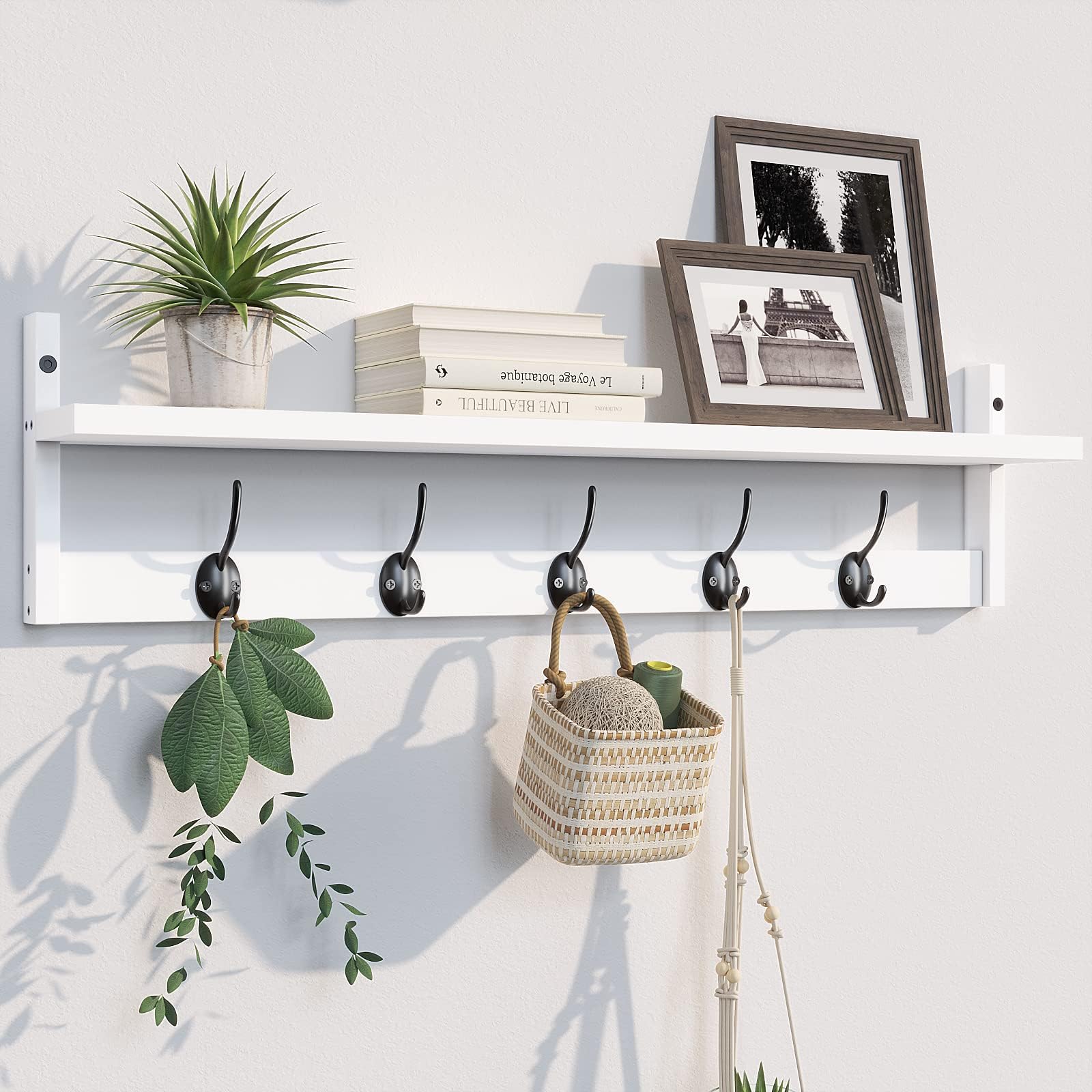 89cm Black Wall Coat Rack with Shelf & 7 Dual Hooks for Entryway Bathroom Bedroom