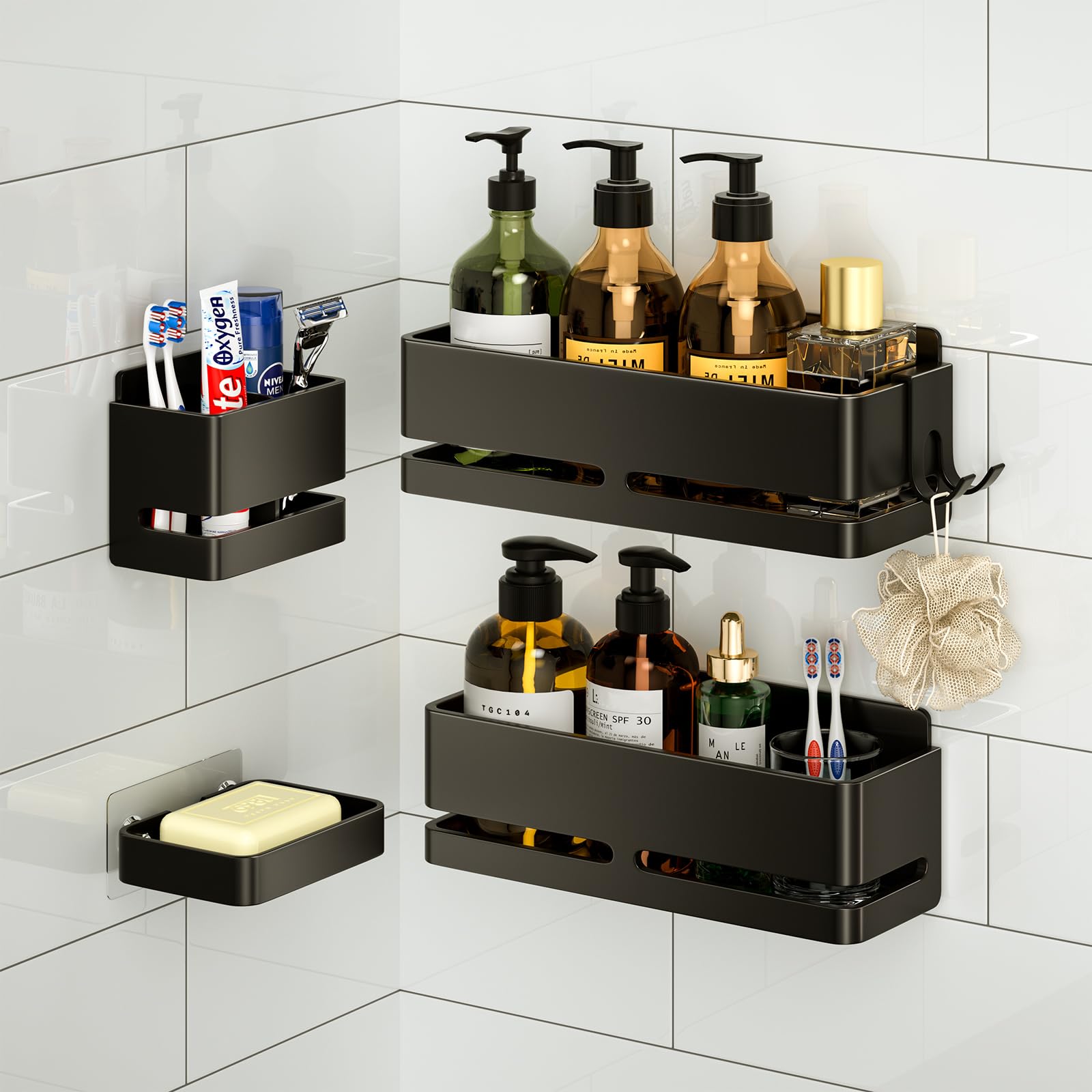 5-Piece Grey No-Drill Wall Mount Bathroom Storage Rack with Soap Dish & Toothbrush Holder, Multi-use for Kitchen