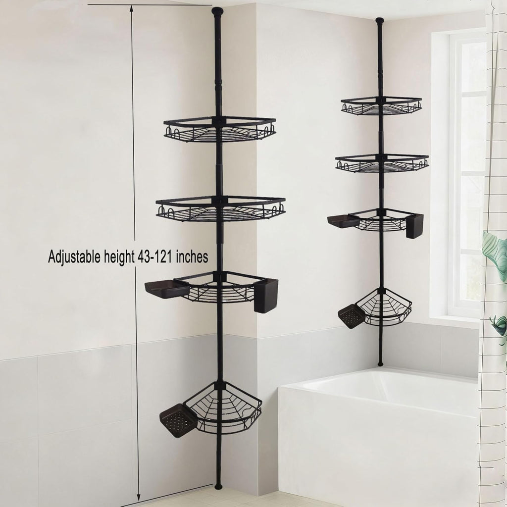 Corner Shower Caddy Tension Pole, Rustproof Bathroom Storage Organizer, 4 Large Shower Shelves and 3 Small Storage Baskets, Adjustable Height Telescoping Pole 43 to 121 Inch, Black