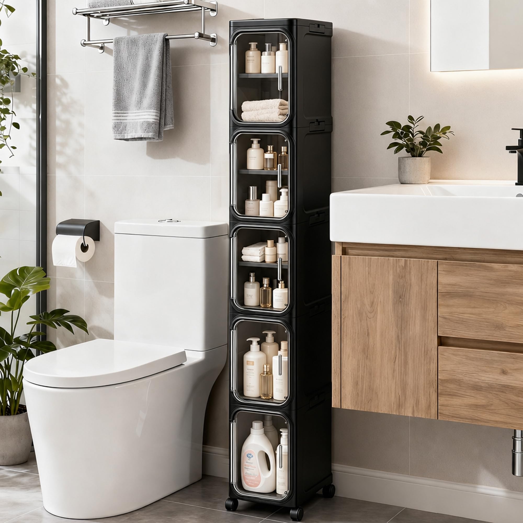 4-Tier Slim Rolling Storage Cabinet, Black Tall Narrow Organizer with Adjustable Shelves for Bathroom Kitchen Laundry