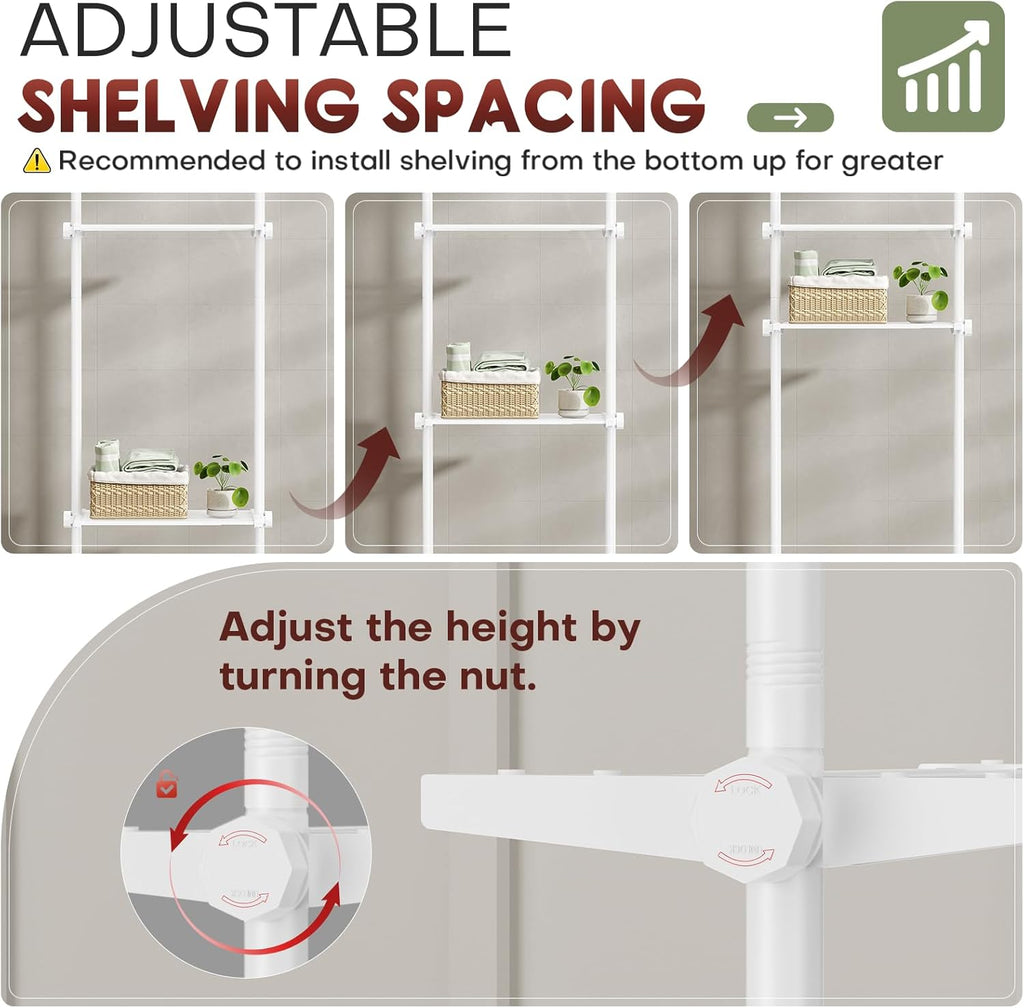Yeabett Over Toilet Shelving Unit, Height 163–315 cm, Width 39–69 cm, Over Washing Machine Cabinet, Versatile Bathroom Organiser for Bathroom, Kitchen, Living Room, Utility Room, 4-Tier, White