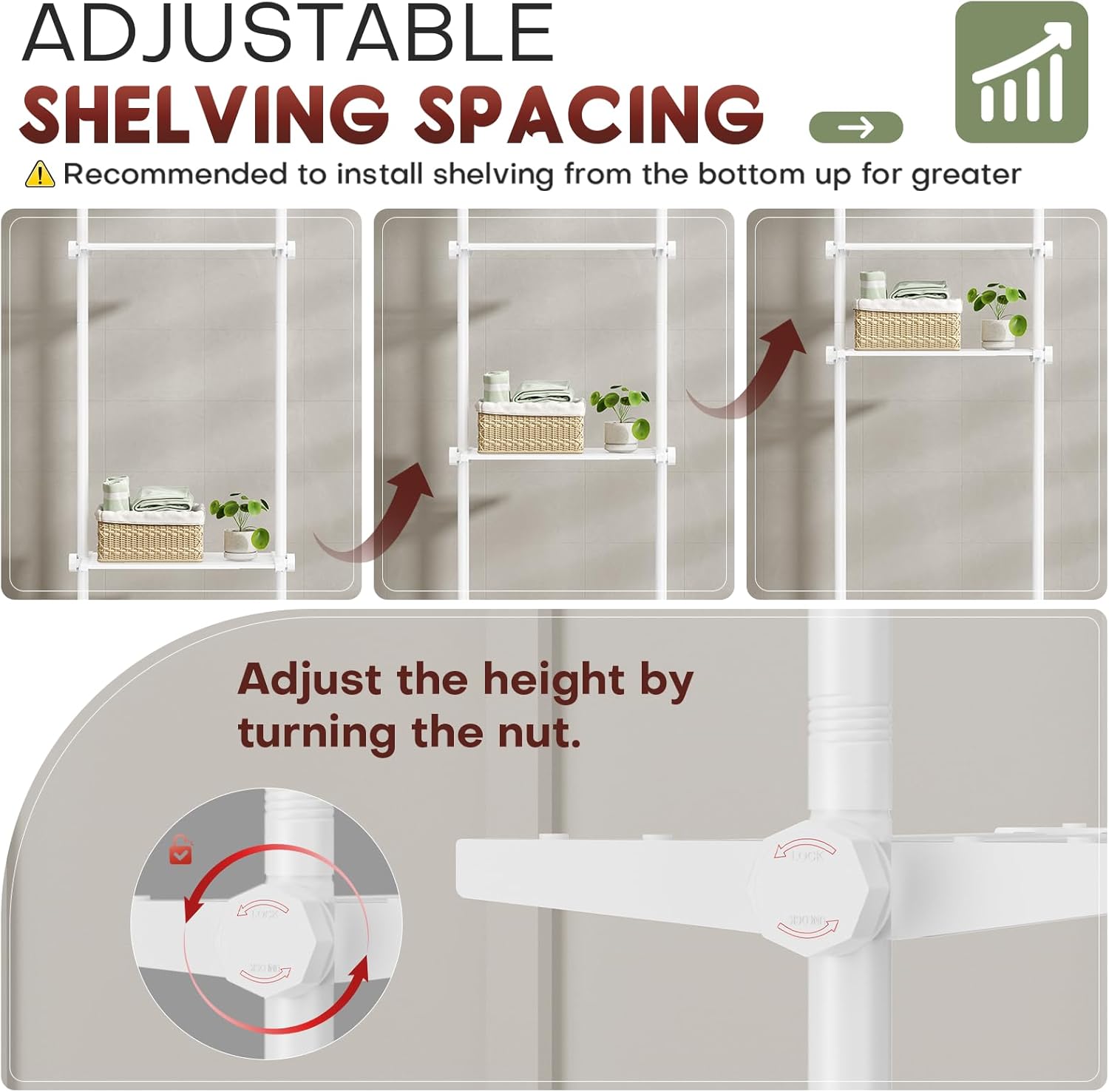 Yeabett Over Toilet Shelving Unit, Height 163–315 cm, Width 39–69 cm, Over Washing Machine Cabinet, Versatile Bathroom Organiser for Bathroom, Kitchen, Living Room, Utility Room, 4-Tier, White