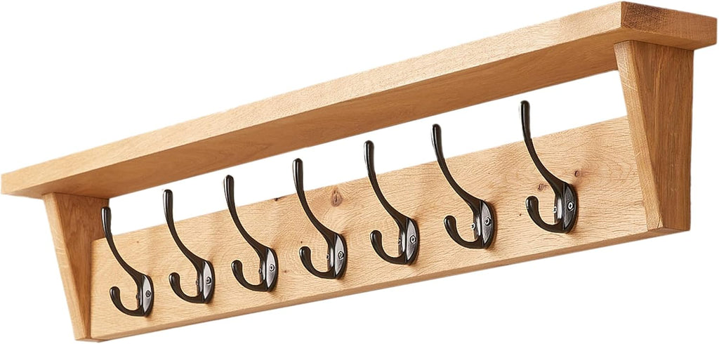 Solid Oak Coat Rack (7 Hooks) | Wall Mounted Coat Hooks with Shelf for Display/Storage | Wooden Stylish & Versatile Hallway Decor | Heavy Duty Double Hooks | Handcrafted in The UK