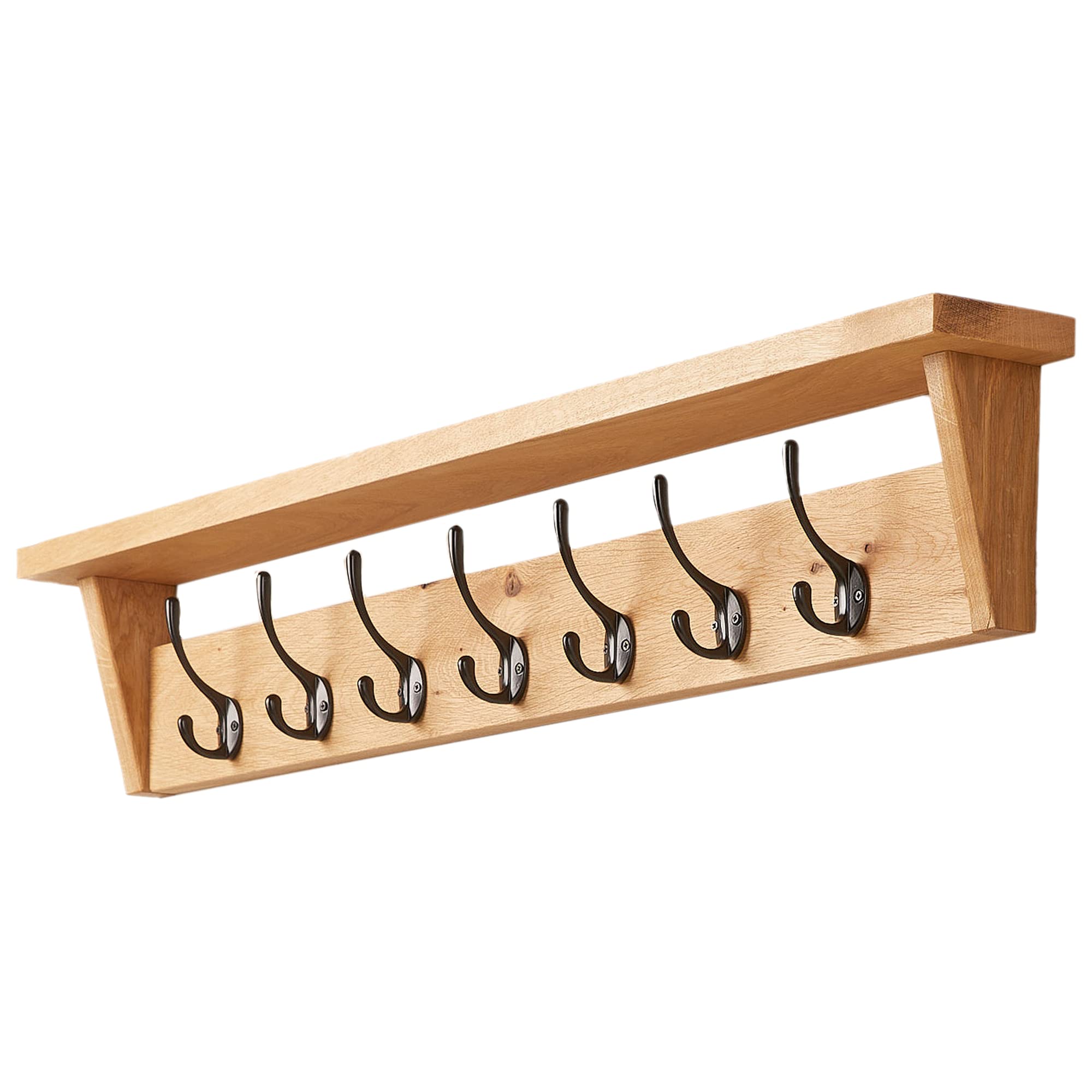 Solid Oak Coat Rack (7 Hooks) | Wall Mounted Coat Hooks with Shelf for Display/Storage | Wooden Stylish & Versatile Hallway Decor | Heavy Duty Double Hooks | Handcrafted in The UK
