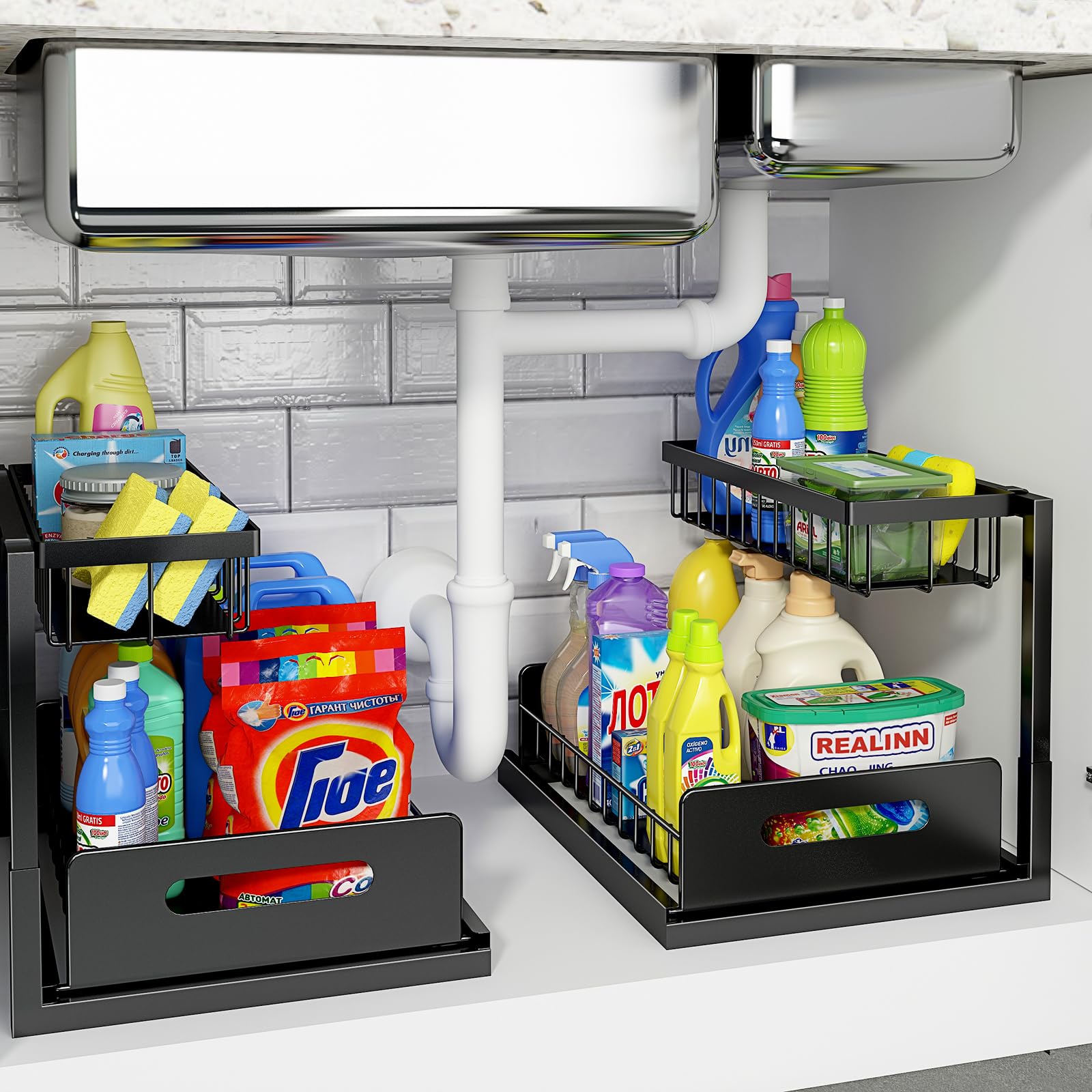 REALINN Under Sink Organizer, Pull Out Cabinet Organizer, 2 Tier Metal Slide Out Shelf with L Shaped Design for Kitchen, Bathroom, Laundry, and Utility Cabinet Storage for Deep Cabinets, White, 2 Pack