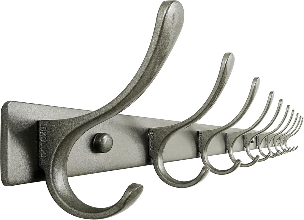 SKOLOO Coat Rack Wall Mounted - 10 Hooks, Heavy Duty, Stainless Steel, Metal Wall Coat Hanger, Sturdy Wall Hooks for Hanging Jacket, Clothes, Hat, Matte Grey