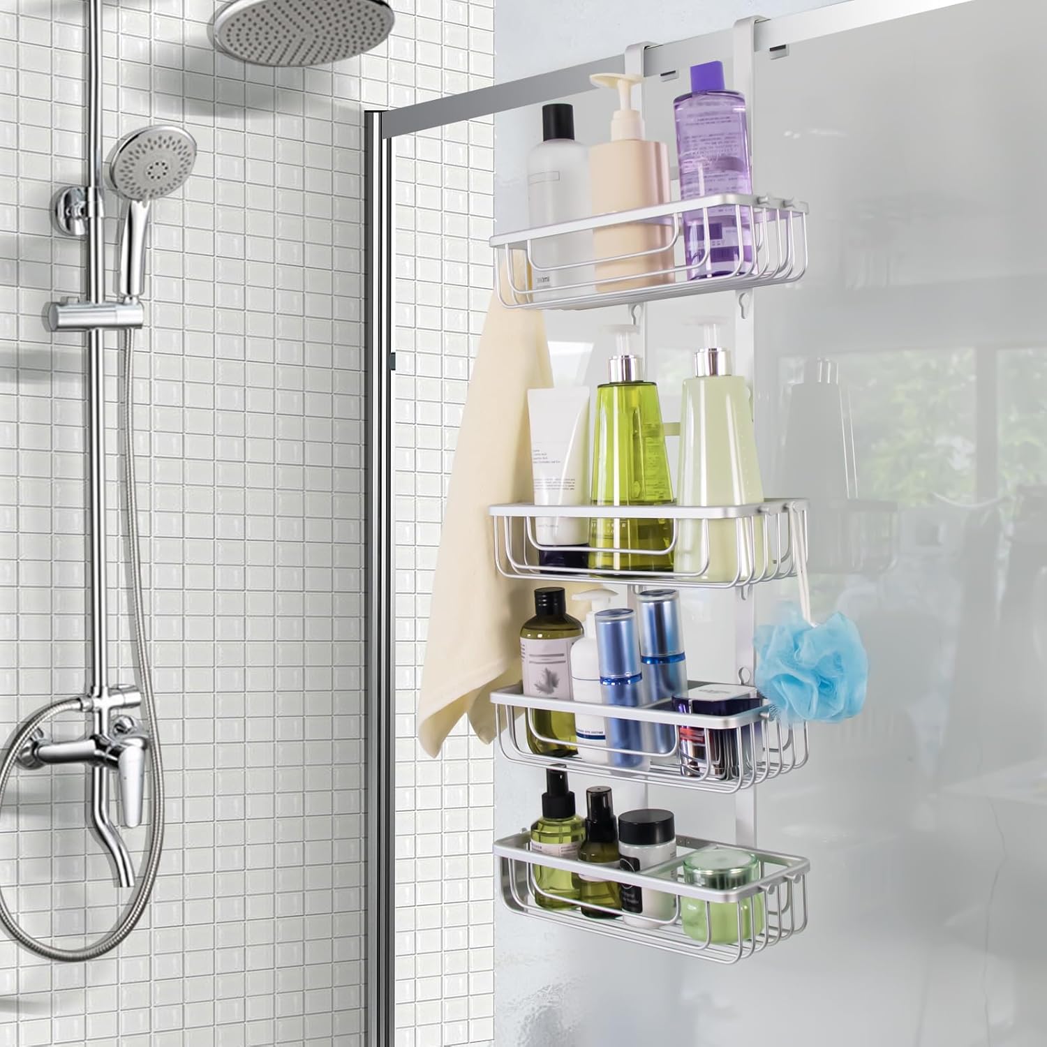 Duwee Hanging Shower Caddy 4 Tier, RustProof Aluminium Shower Caddies, Over Door Bathroom Caddy, No Drilled Storage Basket Organizer for Shampoo, Conditioner, Body Wash, Silver