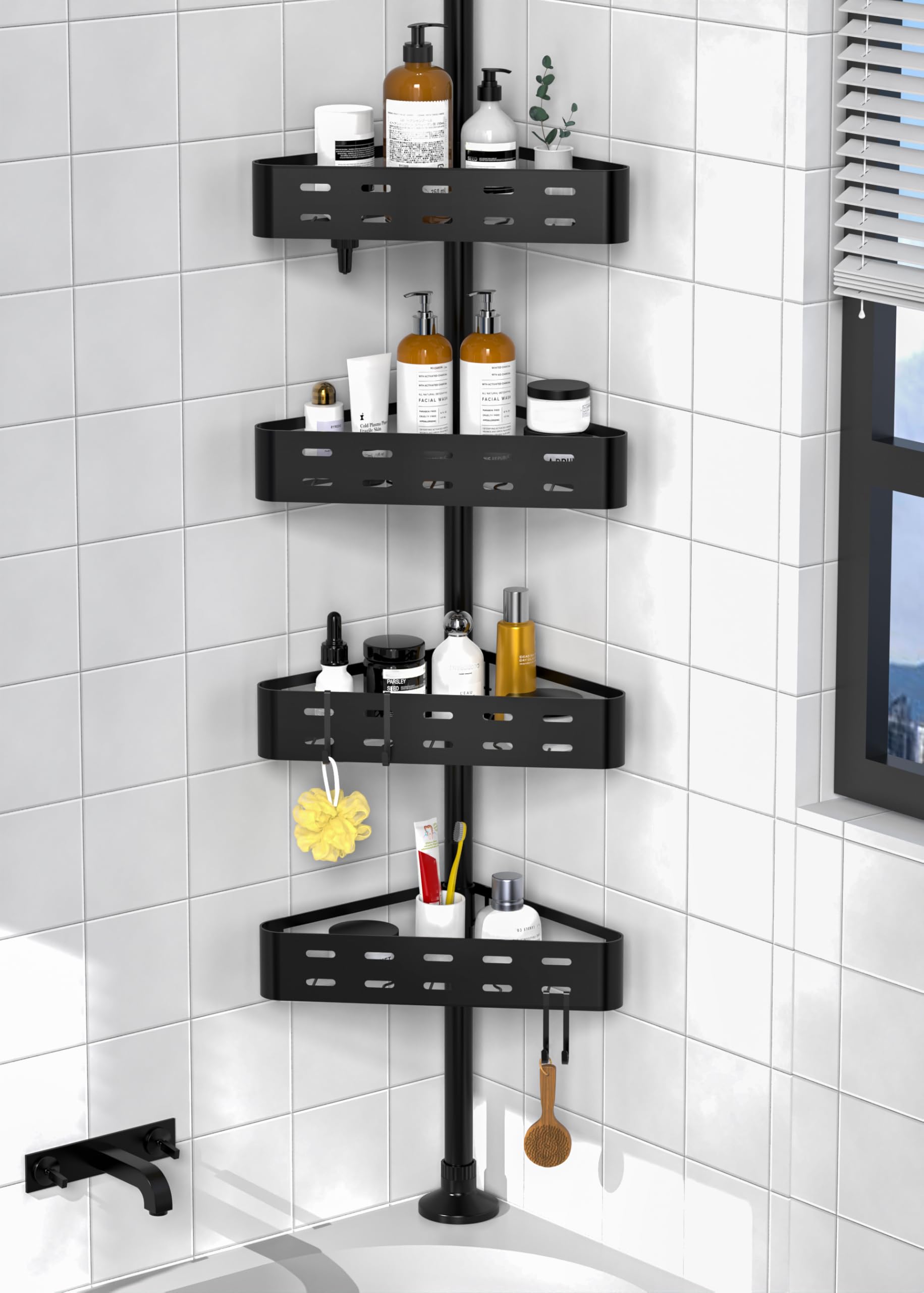 Kegii Telescopic Shower Caddy, 6 Tiers Corner Shower Shelf Adjustable Bathroom Storage Organiser Extendable Corner Bathroom Caddy, Black, No Drilling, Stainless Steel