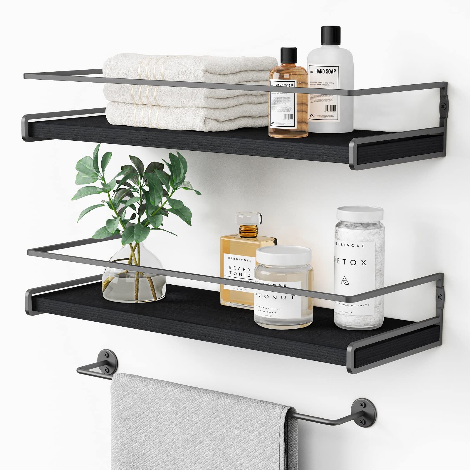 Forbena White Floating Shelves for Bathroom Organizer Over Toilet, Bathroom Shelves Wall Mounted with Towel Rack, Corner Wall Shelf for Bedroom Decor Kitchen Storage (White-Dark Grey, Set of 2)