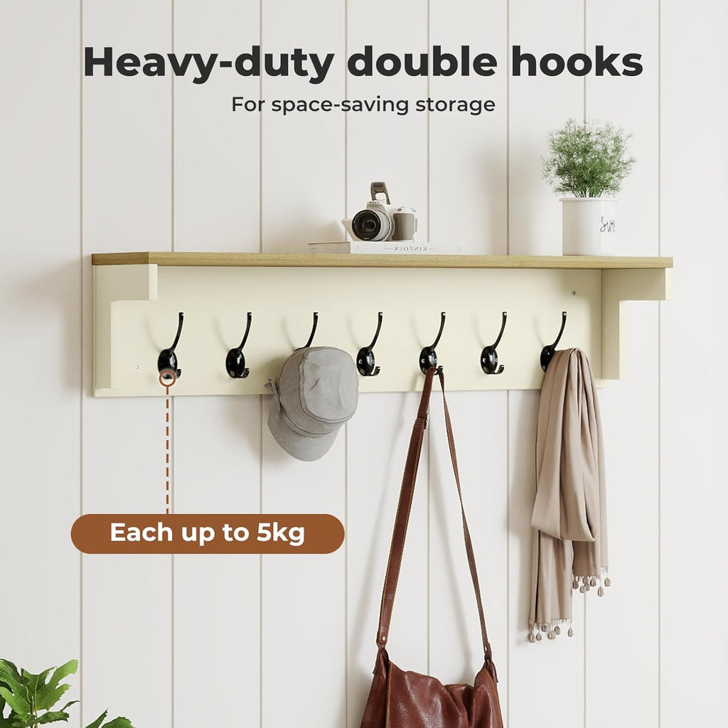 Levede Wall Mounted Coat Rack with Shelf, 7 Double Coat Hooks, 80cm Hallway Coat Hooks Wall Mounted, Coat Rack with Shelf for Entryway, Hallway, Bedroom, Cream Color & Oak