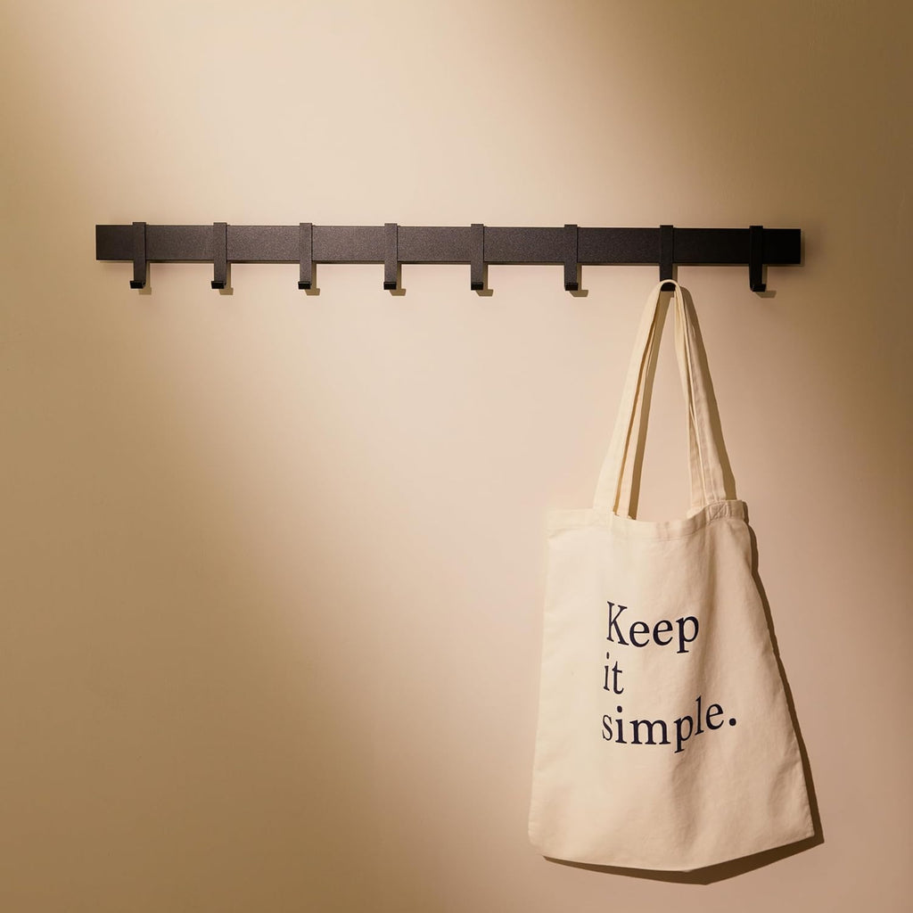 80cm Matt Black Wall Coat Rack, Metal Rail with Slidable Hooks