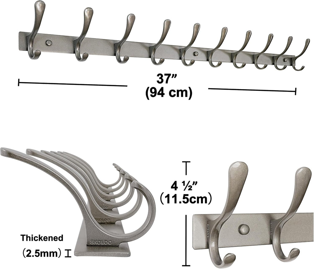 SKOLOO Coat Rack Wall Mounted - 10 Hooks, Heavy Duty, Stainless Steel, Metal Wall Coat Hanger, Sturdy Wall Hooks for Hanging Jacket, Clothes, Hat, Matte Grey