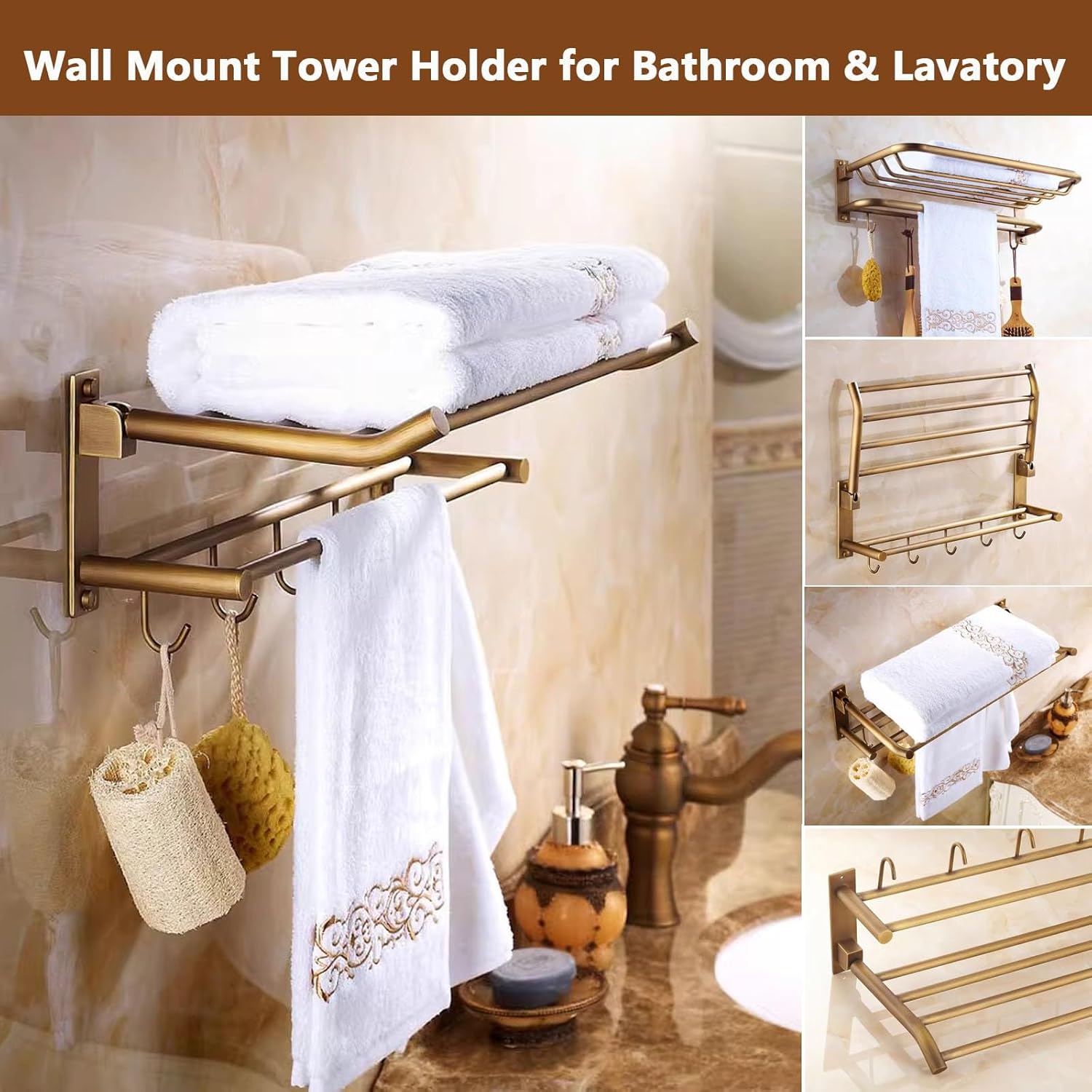 Brass Bathroom Towel Rack - Wall Mounted, Foldable Towel Shelf with Hooks and Bar, Brushed Bronze Finish
