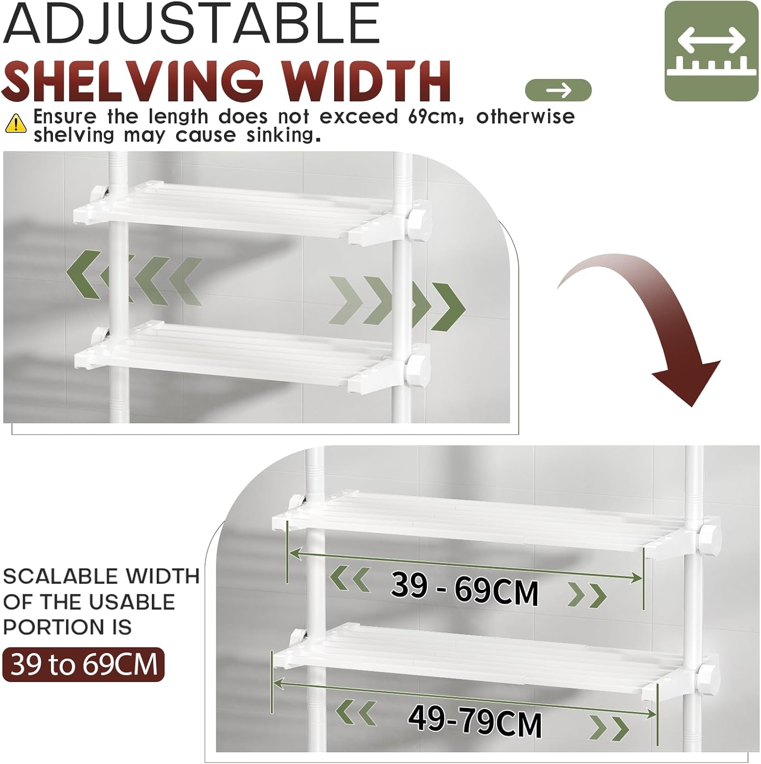 Yeabett Over Toilet Shelving Unit, Height 163–315 cm, Width 39–69 cm, Over Washing Machine Cabinet, Versatile Bathroom Organiser for Bathroom, Kitchen, Living Room, Utility Room, 4-Tier, White
