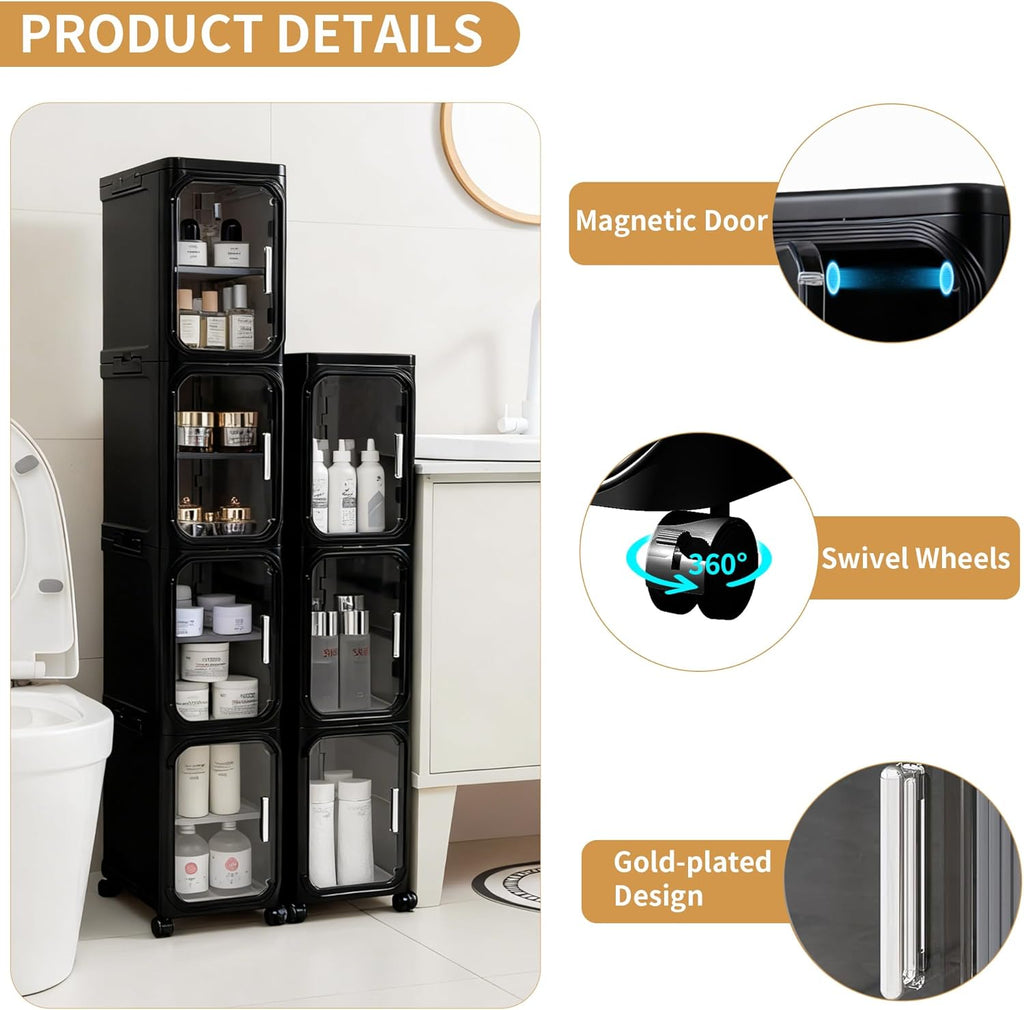 4-Tier Slim Rolling Storage Cabinet, Black Tall Narrow Organizer with Adjustable Shelves for Bathroom Kitchen Laundry
