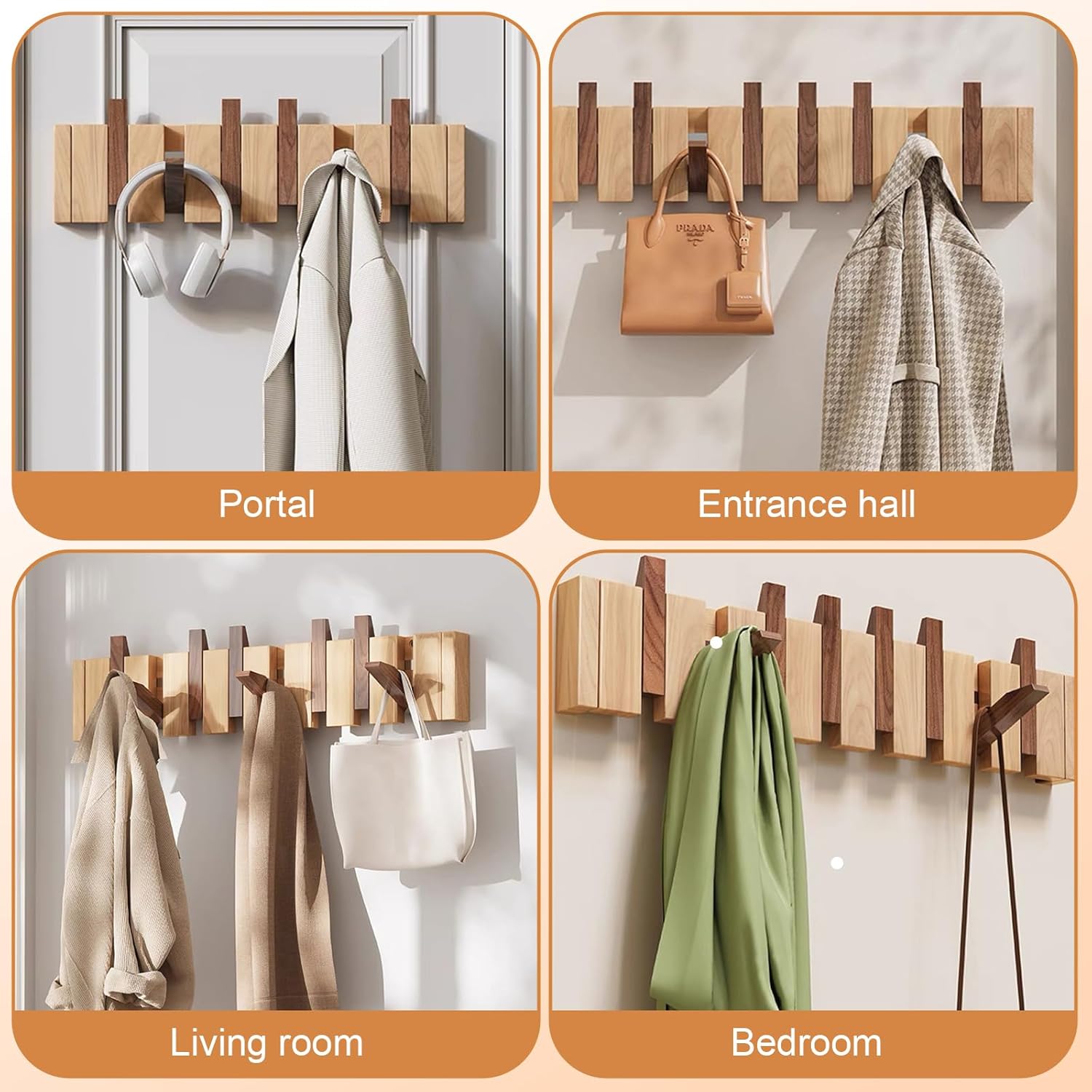 Coat Hooks Wall Mounted, 8-Hook Wooden Coat Hanger Storage Rack with Piano Key Flip Down Design for Robes Towels Hats Jacket Clothes Bags, 56 * 3.5 * 12cm
