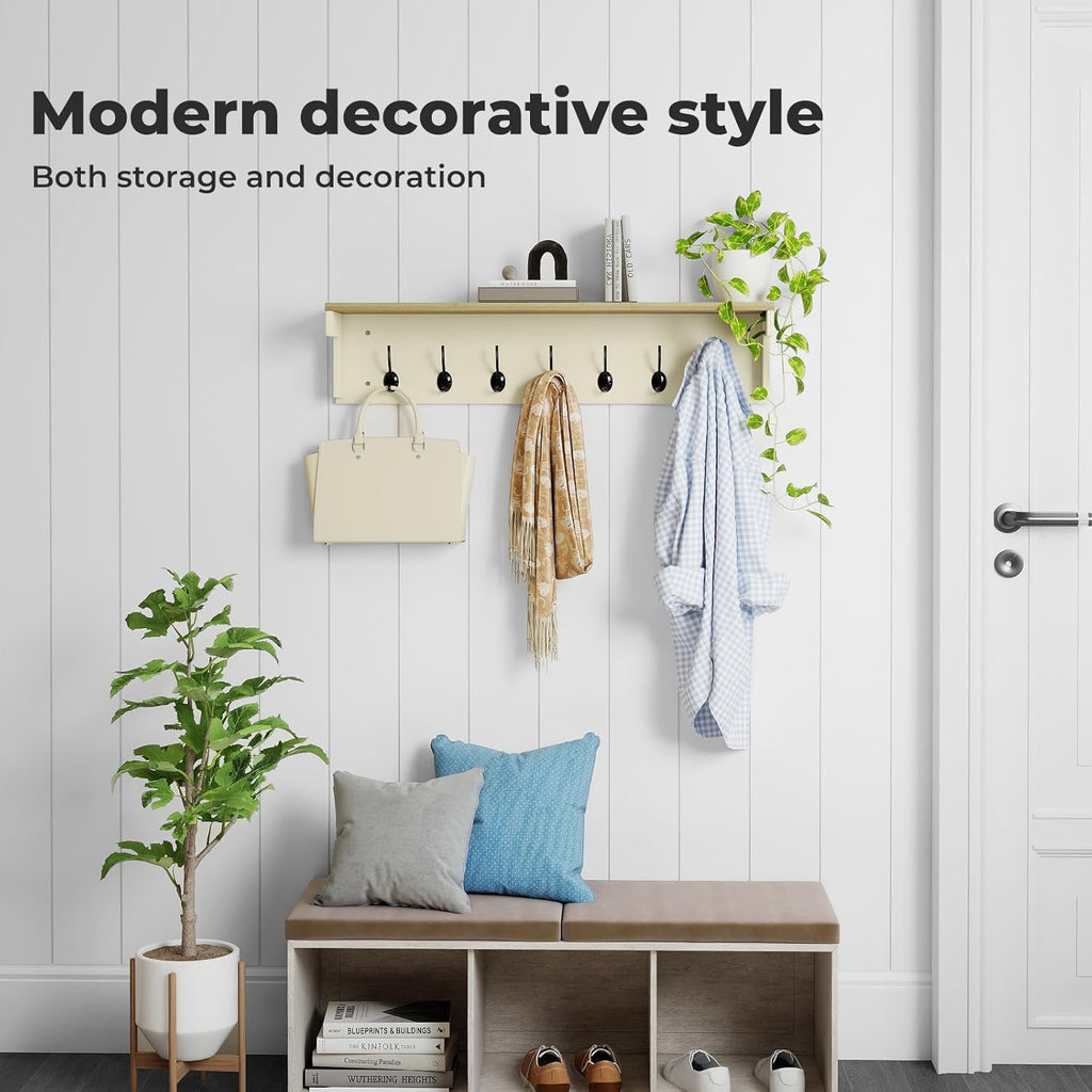 Levede Wall Mounted Coat Rack with Shelf, 7 Double Coat Hooks, 80cm Hallway Coat Hooks Wall Mounted, Coat Rack with Shelf for Entryway, Hallway, Bedroom, Cream Color & Oak