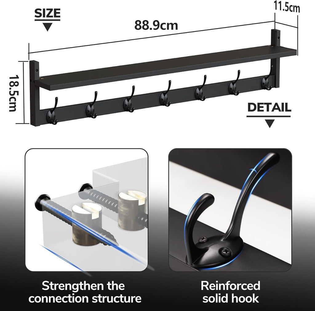 89cm Black Wall Coat Rack with Shelf & 7 Dual Hooks for Entryway Bathroom Bedroom