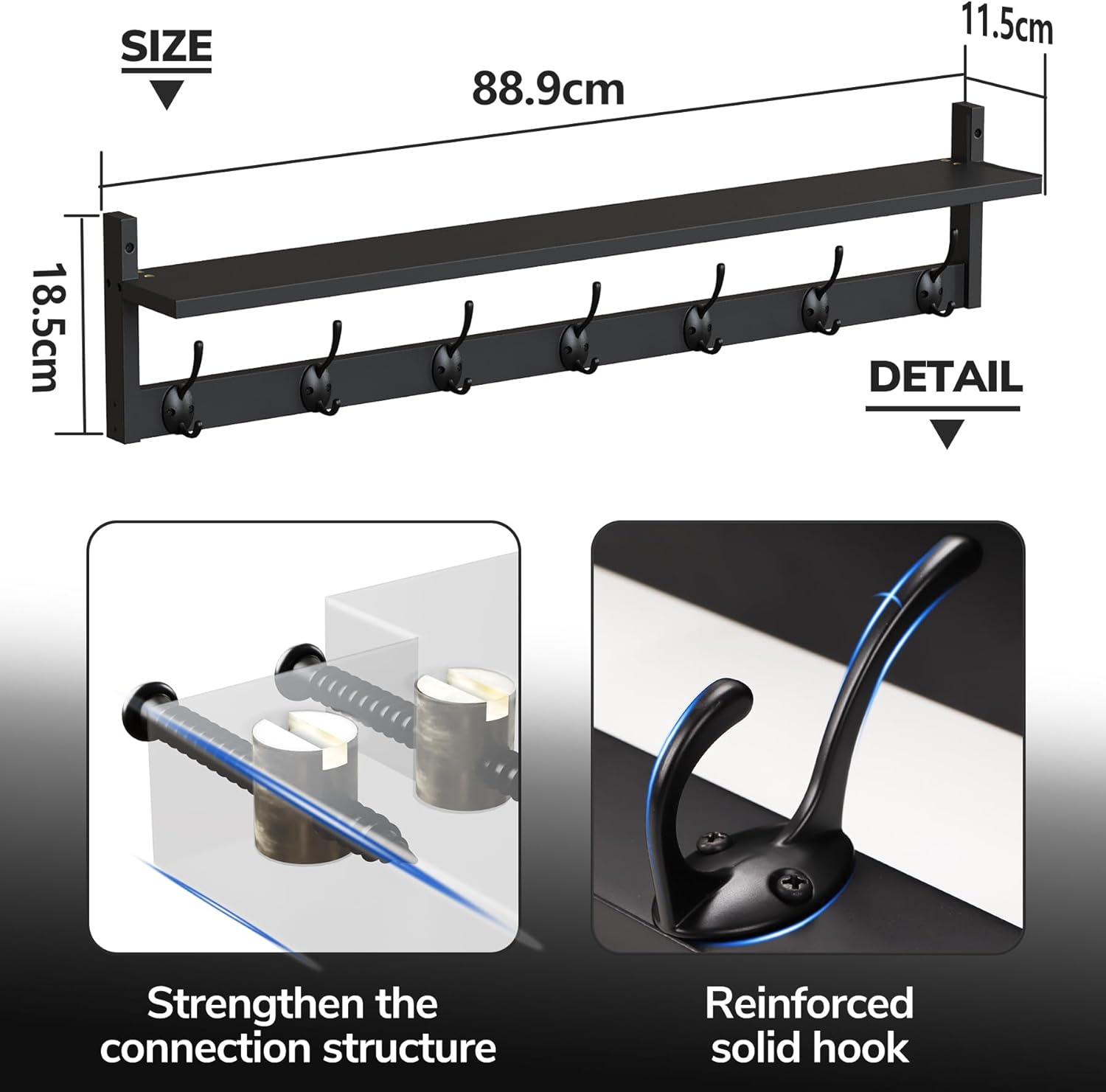 89cm Black Wall Coat Rack with Shelf & 7 Dual Hooks for Entryway Bathroom Bedroom