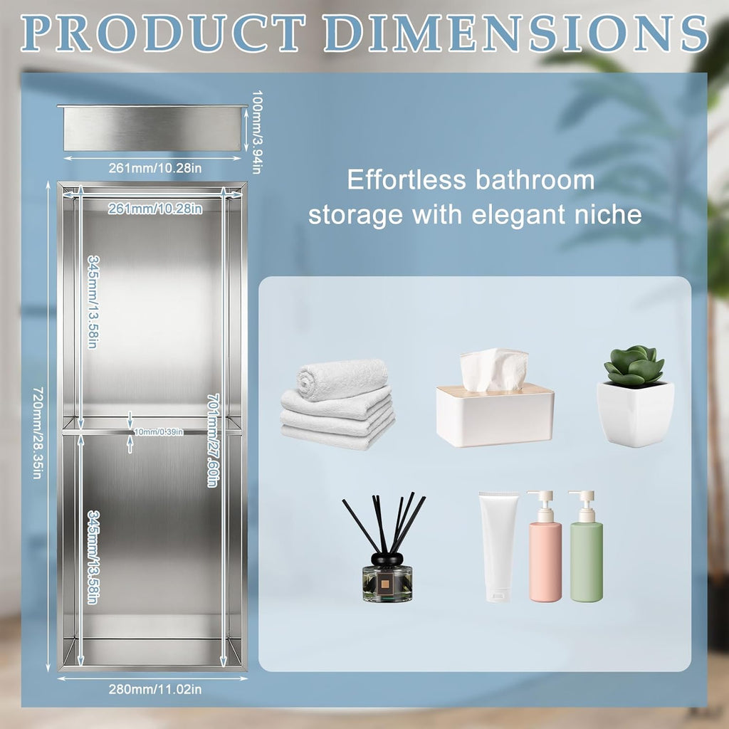 Stainless Steel Shower Niche, 70x26x10cm Recessed Wall Niche No Tile Needed Double Layer Wall Storage Shelf Organizer for Bathroom Kitchen Living Room