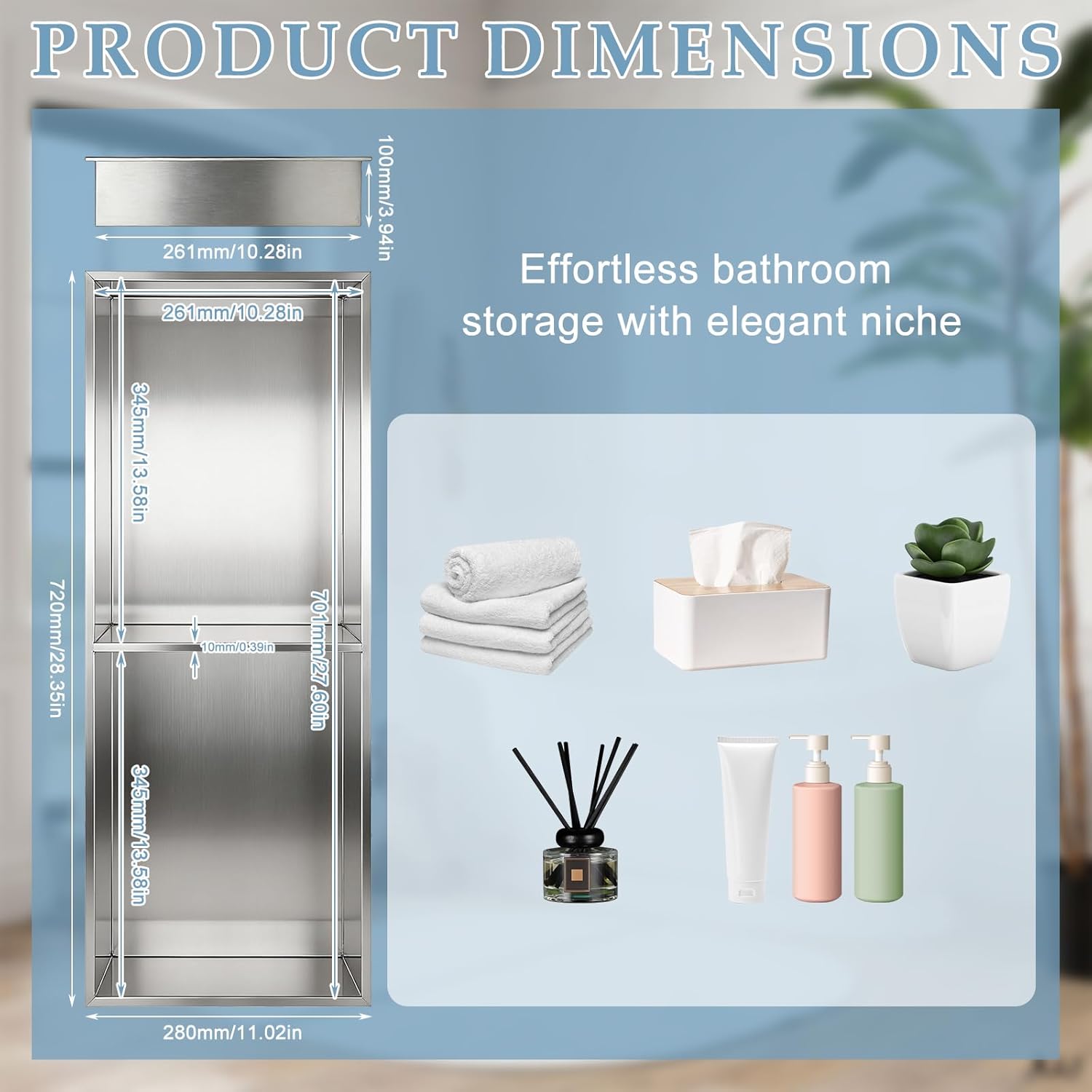 Stainless Steel Shower Niche, 70x26x10cm Recessed Wall Niche No Tile Needed Double Layer Wall Storage Shelf Organizer for Bathroom Kitchen Living Room