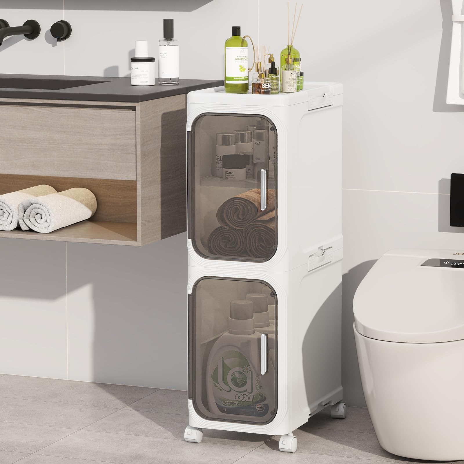 4-Tiers Slim Bathroom Storage Cabinet, Foldable Storage Cabinets,Narrow Bathroom Storage,Movable Bathroom Storage Organizer for Small Spaces,Bathroom,Kitchen,Laundry,White