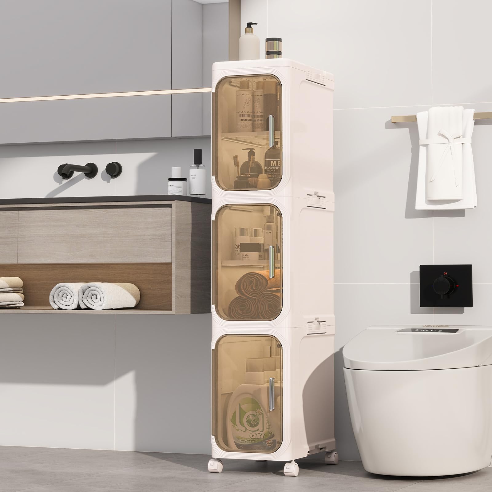 4-Tiers Slim Bathroom Storage Cabinet, Foldable Storage Cabinets,Narrow Bathroom Storage,Movable Bathroom Storage Organizer for Small Spaces,Bathroom,Kitchen,Laundry,White