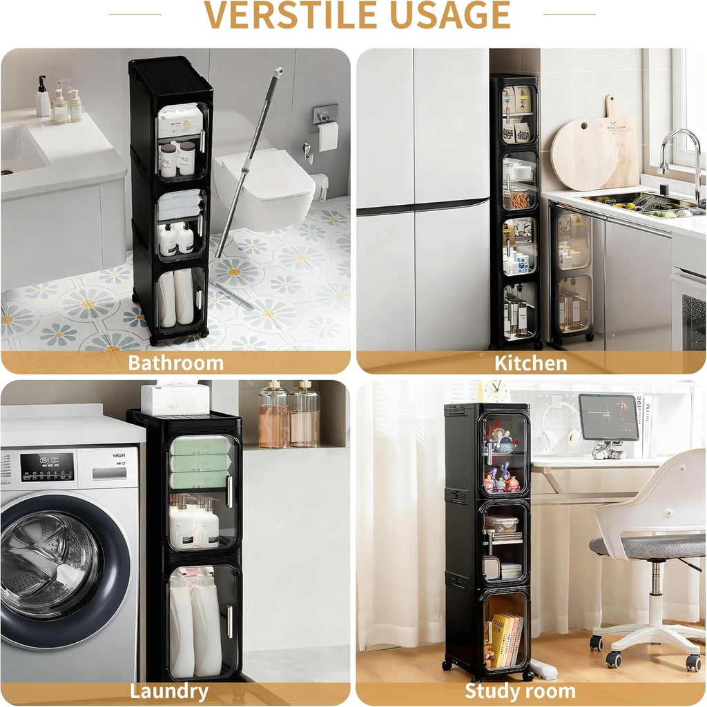 4-Tier Slim Rolling Storage Cabinet, Black Tall Narrow Organizer with Adjustable Shelves for Bathroom Kitchen Laundry