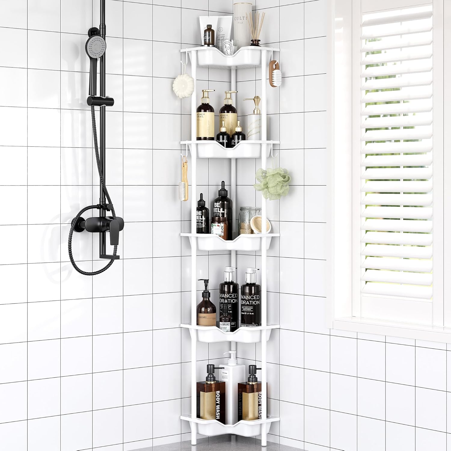 Rustproof Floor Standing Corner Shower Caddy Organizer, Plastic Metal Splicing Floor Corner Shelf Rack Stands for Bathroom (White, 5 Tier)