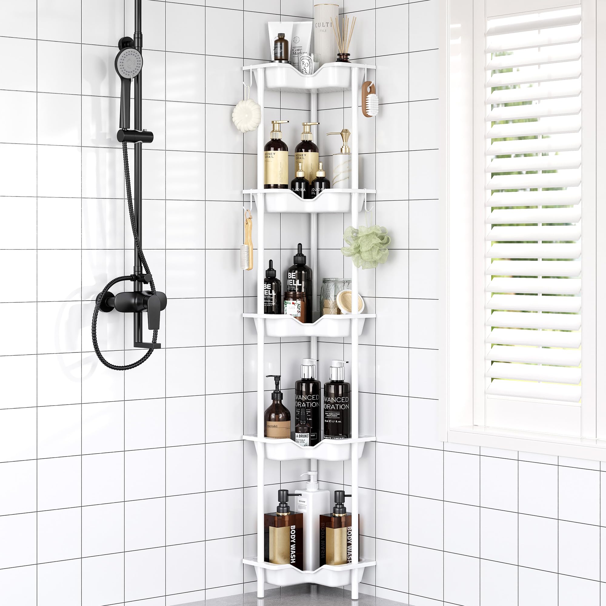 Rustproof Floor Standing Corner Shower Caddy Organizer, Plastic Metal Splicing Floor Corner Shelf Rack Stands for Bathroom (White, 5 Tier)